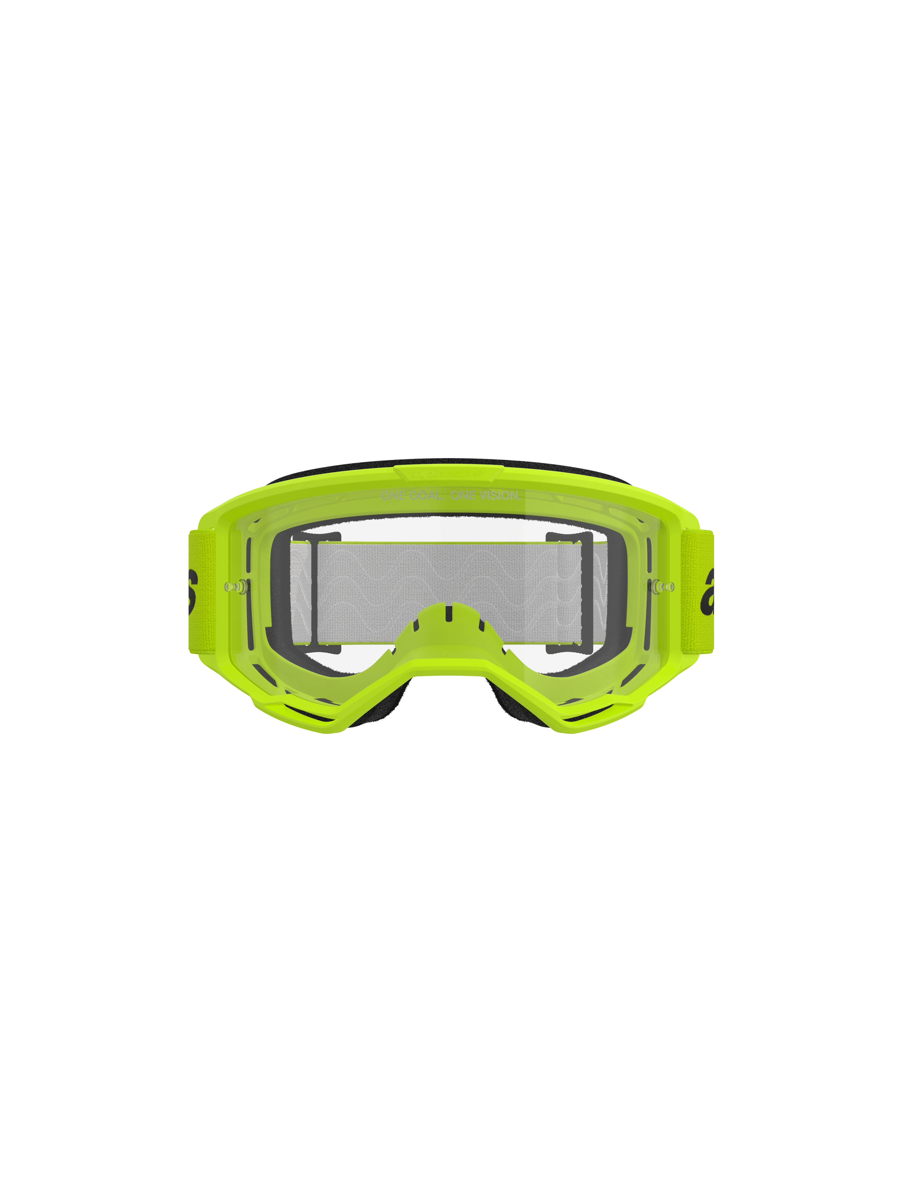 Óculos Alpinestars Vision 3 Wordmark, óculos de motocross, amarelo néon e transparente, armação amarela néon vibrante, lente transparente anti-embaciamento, correia larga tecida, equipamento de corrida todo-o-terreno