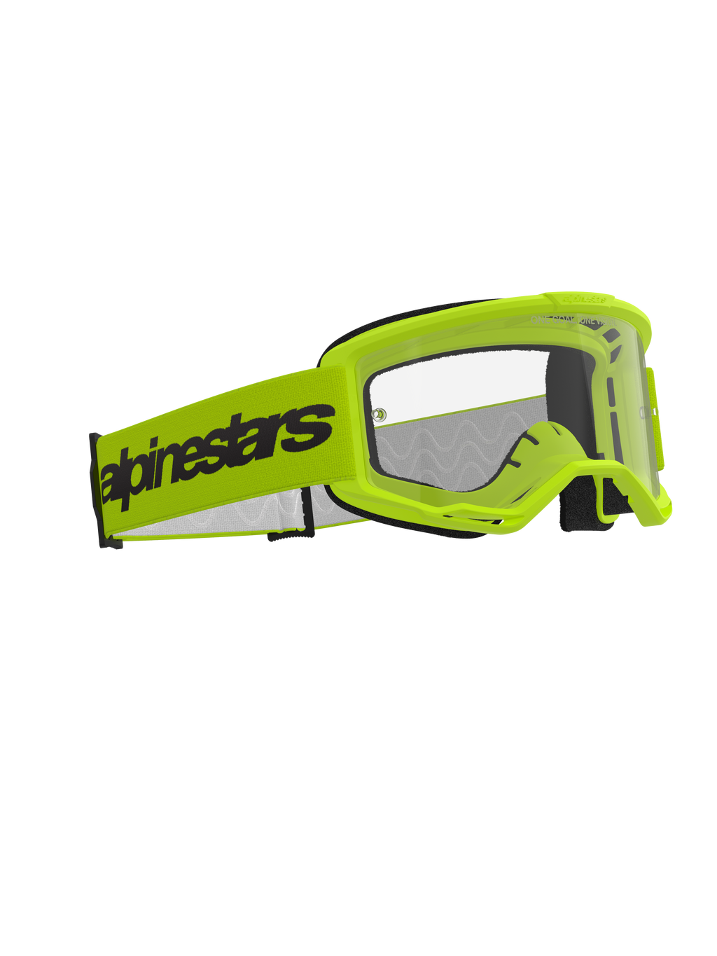 Alpinestars Vision 3 Wordmark Goggles, óculos de motocross, amarelo fluo com lente transparente, fita larga em amarelo fluo com logótipo Alpinestars a preto, armação leve A-FLEX com ventilação RAM-AIR, proteção ocular de alto desempenho para off-road