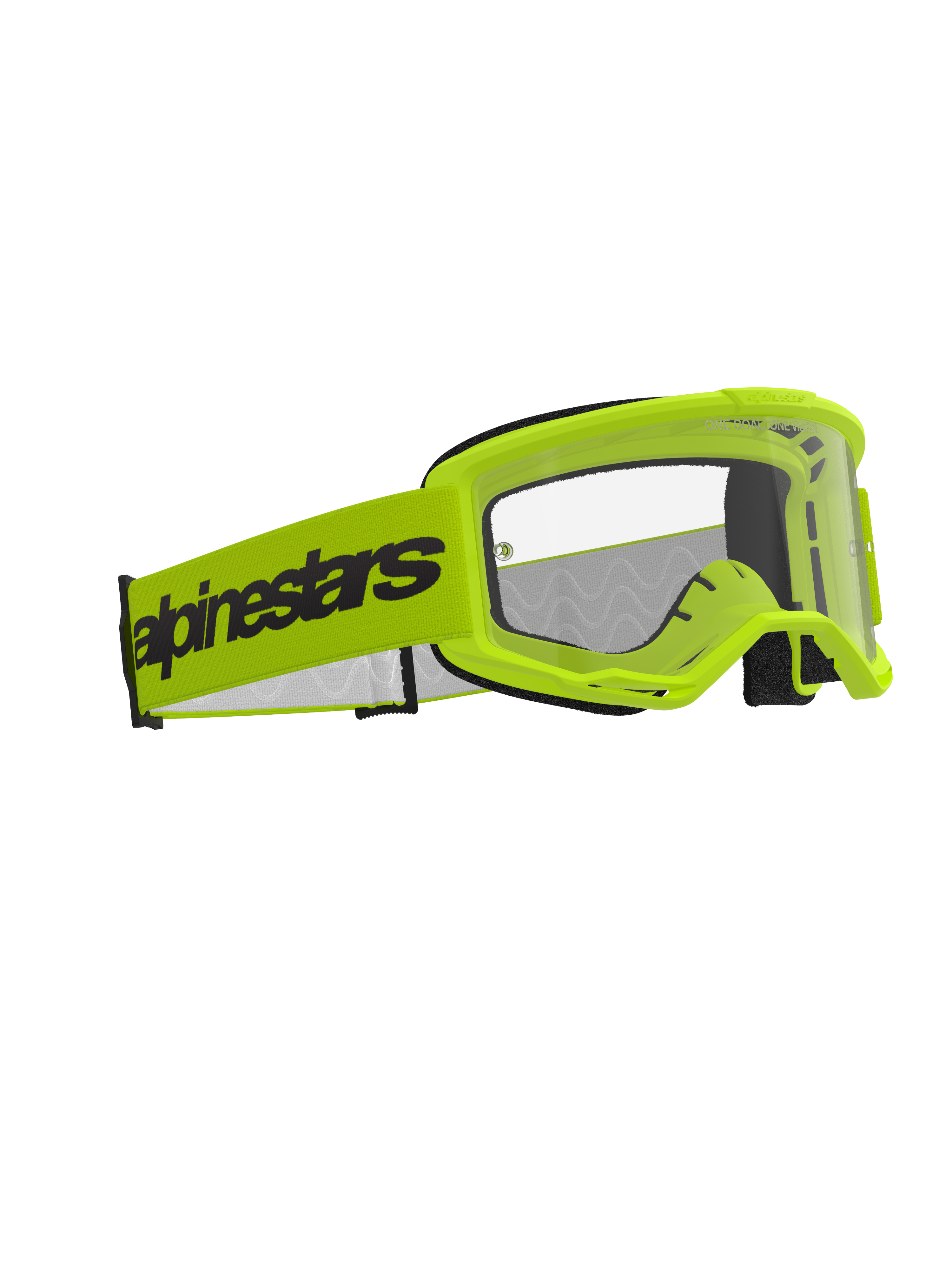 Alpinestars Vision 3 Wordmark Goggles, óculos de motocross, amarelo fluo com lente transparente, fita larga em amarelo fluo com logótipo Alpinestars a preto, armação leve A-FLEX com ventilação RAM-AIR, proteção ocular de alto desempenho para off-road