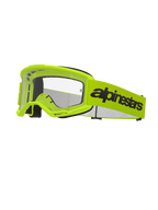 Alpinestars Vision 3 Wordmark Goggles, óculos de motocross, amarelo fluorescente e preto, lente transparente, correia amarela larga com logótipo wordmark preto em destaque, enchimento de espuma preta, óculos para corridas off-road
