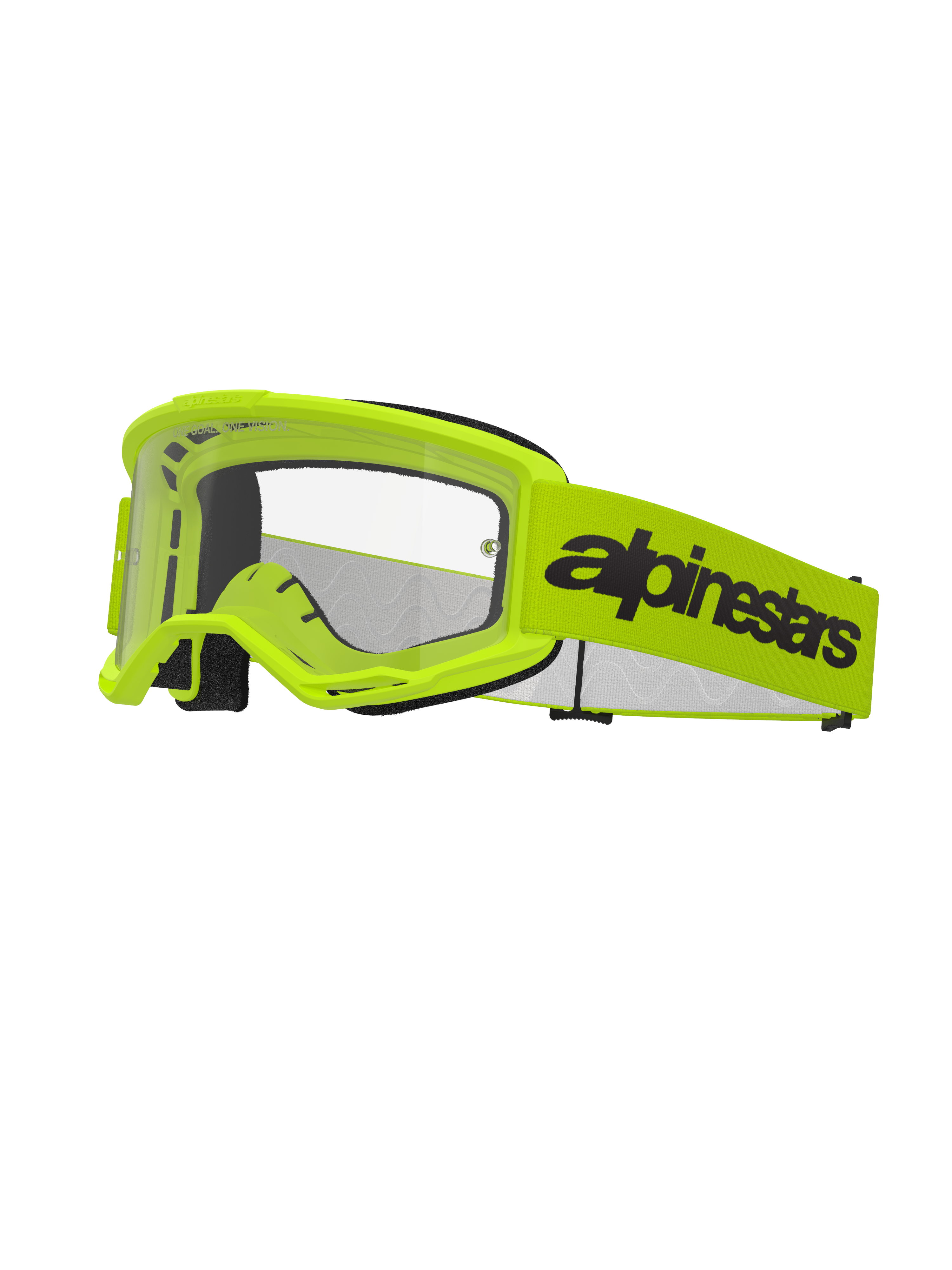 Alpinestars Vision 3 Wordmark Goggles, óculos de motocross, amarelo fluorescente e preto, lente transparente, correia amarela larga com logótipo wordmark preto em destaque, enchimento de espuma preta, óculos para corridas off-road