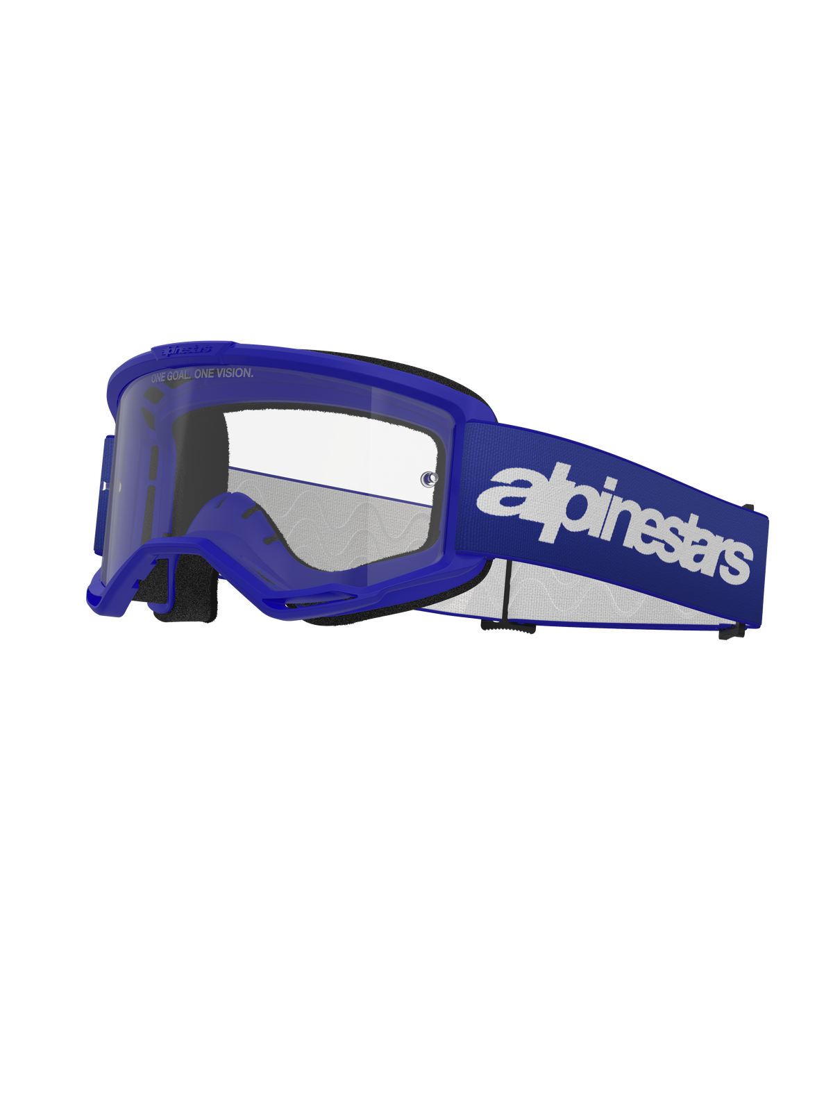 Alpinestars Vision 3 Wordmark Goggles, óculos de motocross, azuis e brancos, lente transparente, forro de espuma preta, correia elástica ajustável azul com logótipo wordmark branco, armação ventilada
