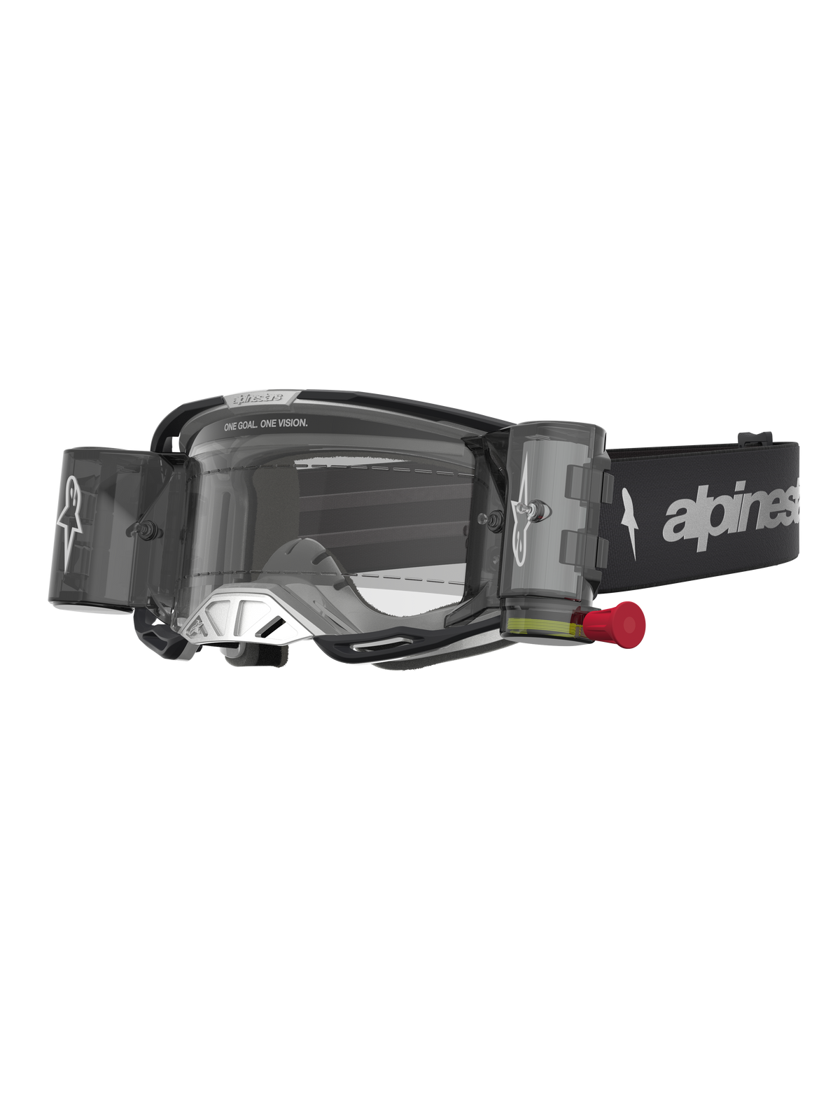 Alpinestars Vision 8 Âmbar, óculos de motocross pretos e prateados com sistema roll-off e lente transparente.