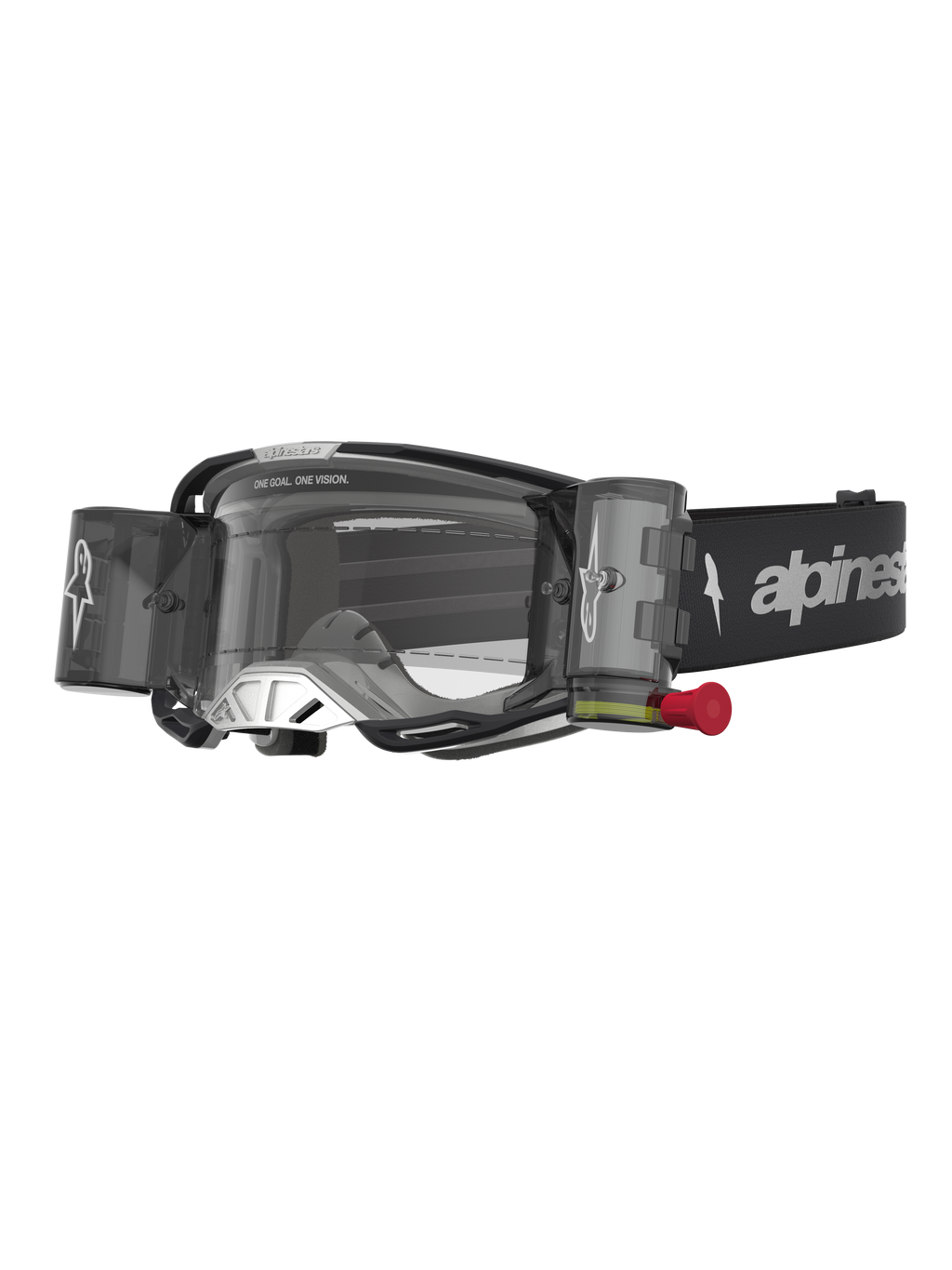 Alpinestars Vision 8 Âmbar, óculos de motocross pretos e prateados com sistema roll-off e lente transparente.
