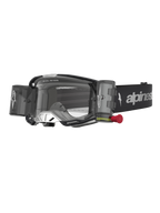 Alpinestars Vision 8 Âmbar, óculos de motocross pretos e prateados com sistema roll-off e lente transparente.