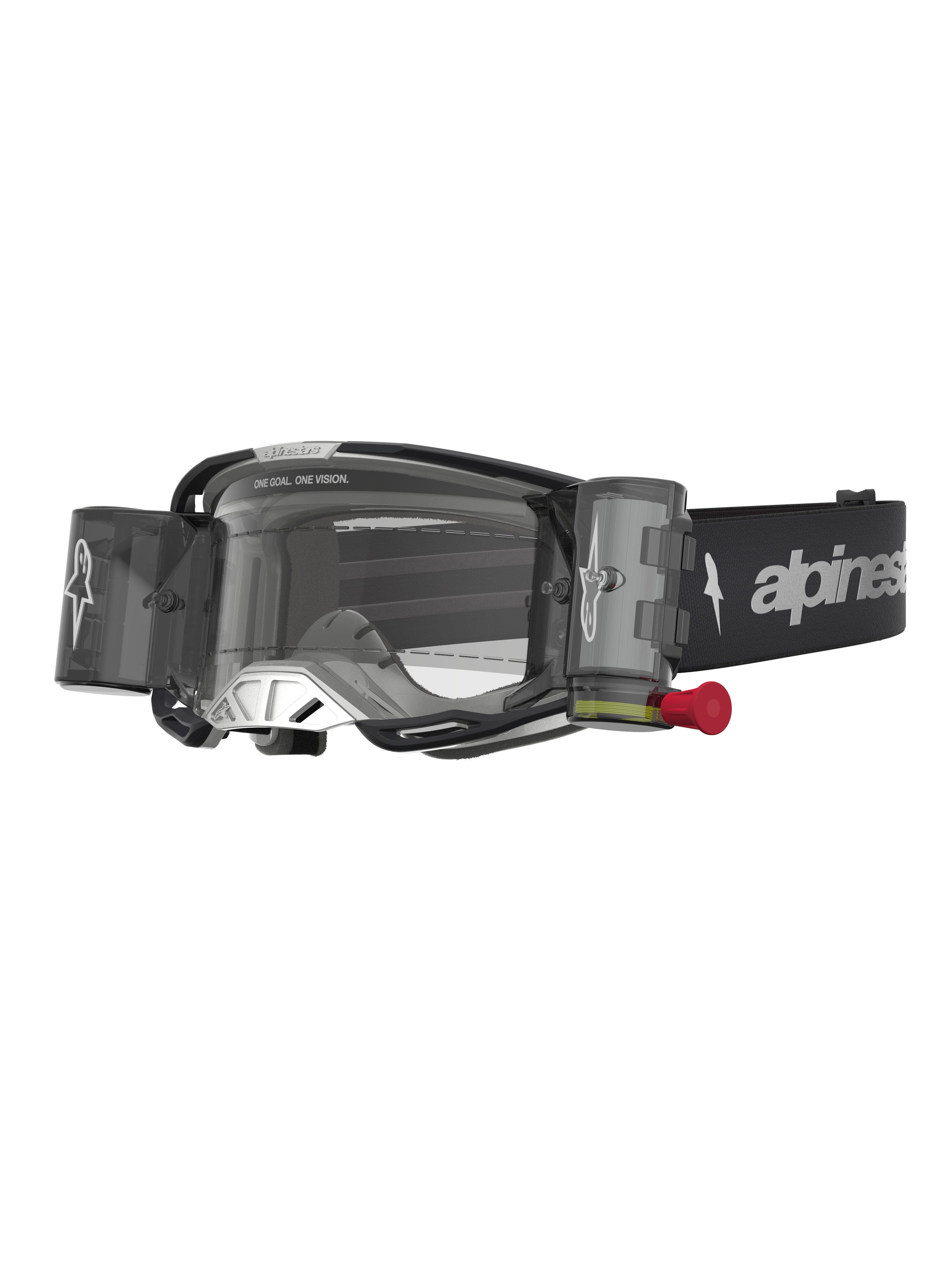 Alpinestars Vision 8 Âmbar, óculos de motocross pretos e prateados com sistema roll-off e lente transparente.