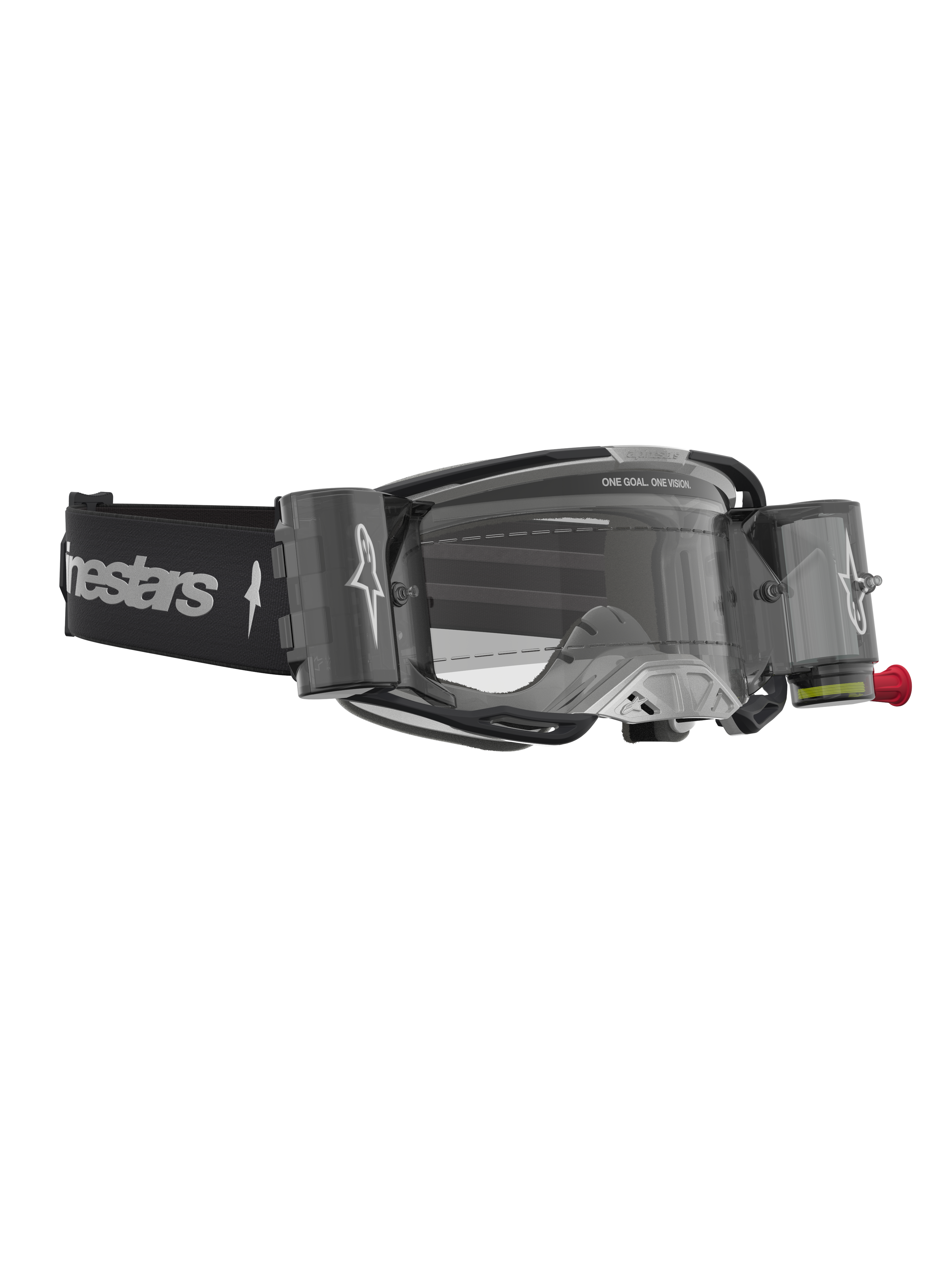 Óculos Alpinestars Vision 8 Âmbar Roll Off, óculos de motocross pretos e prateados com lente transparente e sistema roll-off.