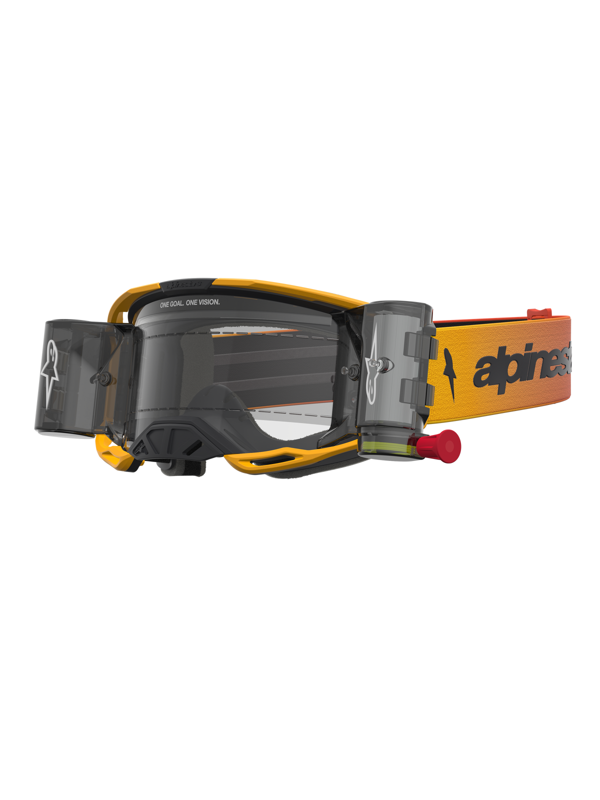 Alpinestars Vision 8 Amber Roll Off, óculos de motocross com sistema Roll-Off, amarelos e pretos, lente transparente e cartuchos laterais integrados para visibilidade off-road.