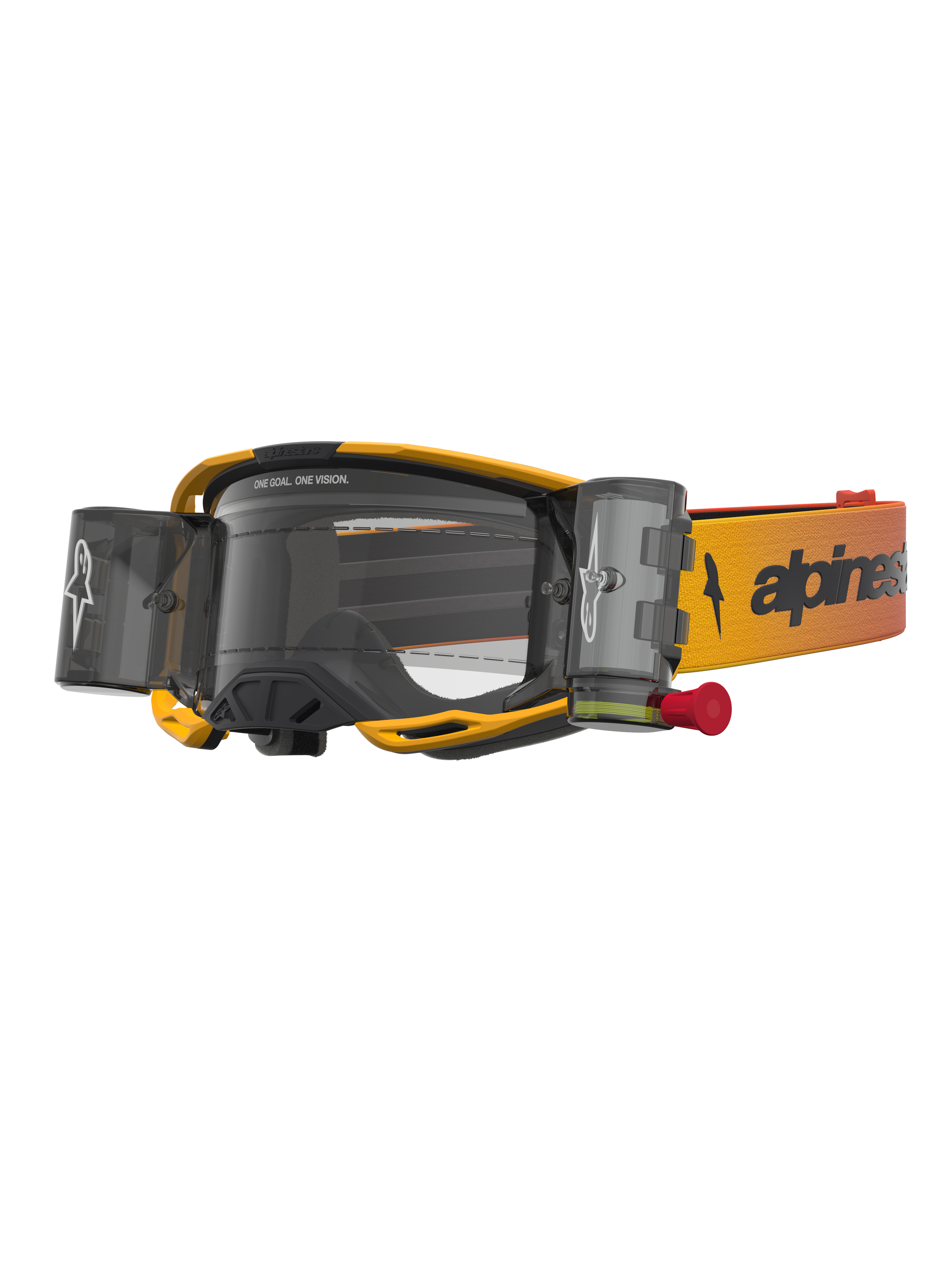 Alpinestars Vision 8 Amber Roll Off, óculos de motocross com sistema Roll-Off, amarelos e pretos, lente transparente e cartuchos laterais integrados para visibilidade off-road.