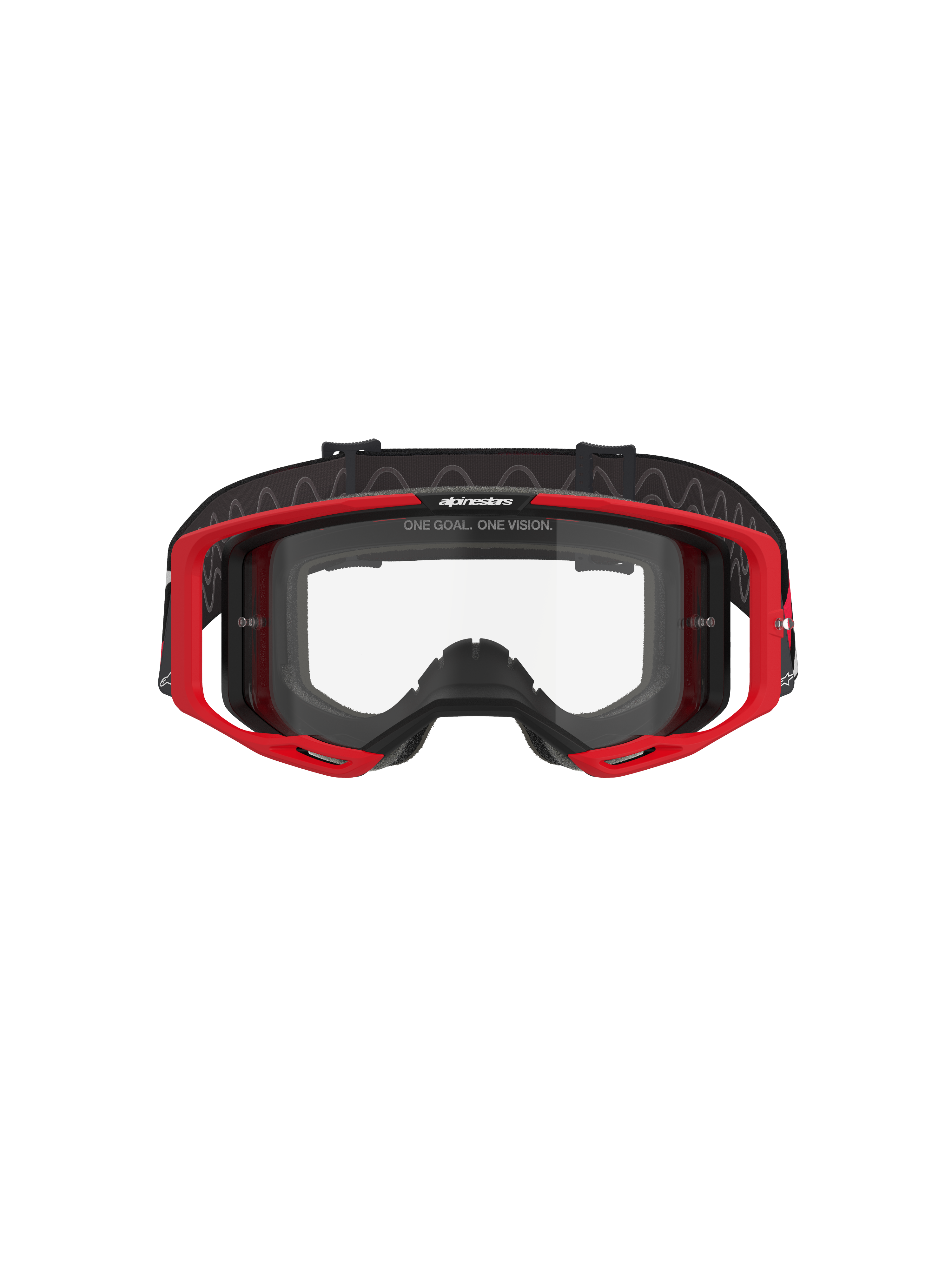 Alpinestars Vision 8 Luar Goggles, Motocross Goggles, Red Black and Clear, featuring a red A-FLEX frame, clear anti-fog polycarbonate lens, black adjustable woven strap with logo, high-performance eye protection for off-road racing