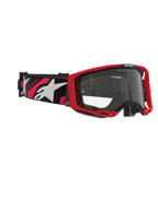 Alpinestars Vision 8 Luar Goggles, Motocross Goggles, Red Black and Clear, featuring a red frame, clear anti-fog lens, and a black strap with white and red logos, professional eye protection for off-road racing