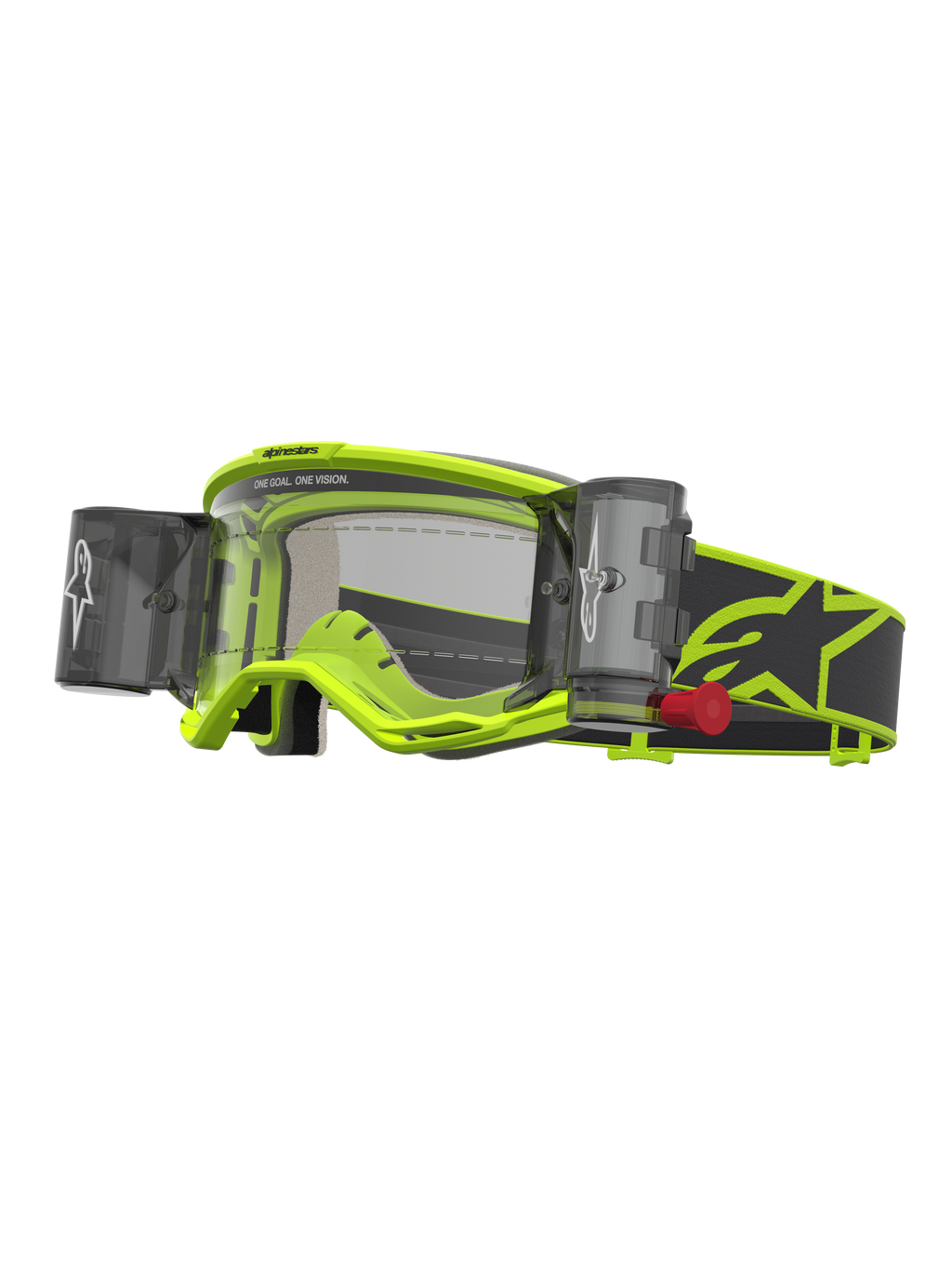 Alpinestars Óculos Vision 5 Rora Roll Off, óculos de motocross amarelos fluo e pretos, lente transparente com sistema Roll-Off integrado e fita elástica com logótipo.