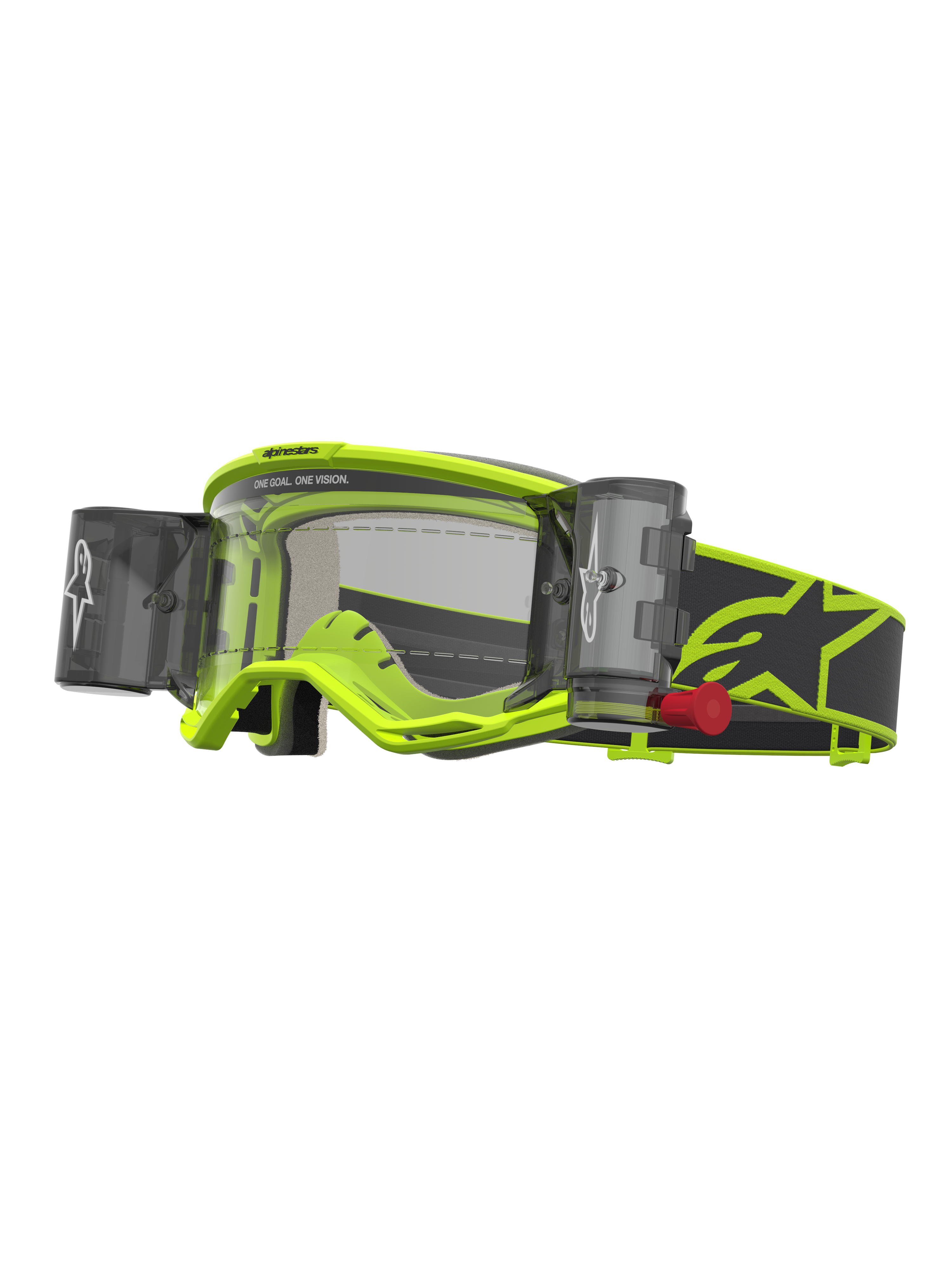 Alpinestars Óculos Vision 5 Rora Roll Off, óculos de motocross amarelos fluo e pretos, lente transparente com sistema Roll-Off integrado e fita elástica com logótipo.