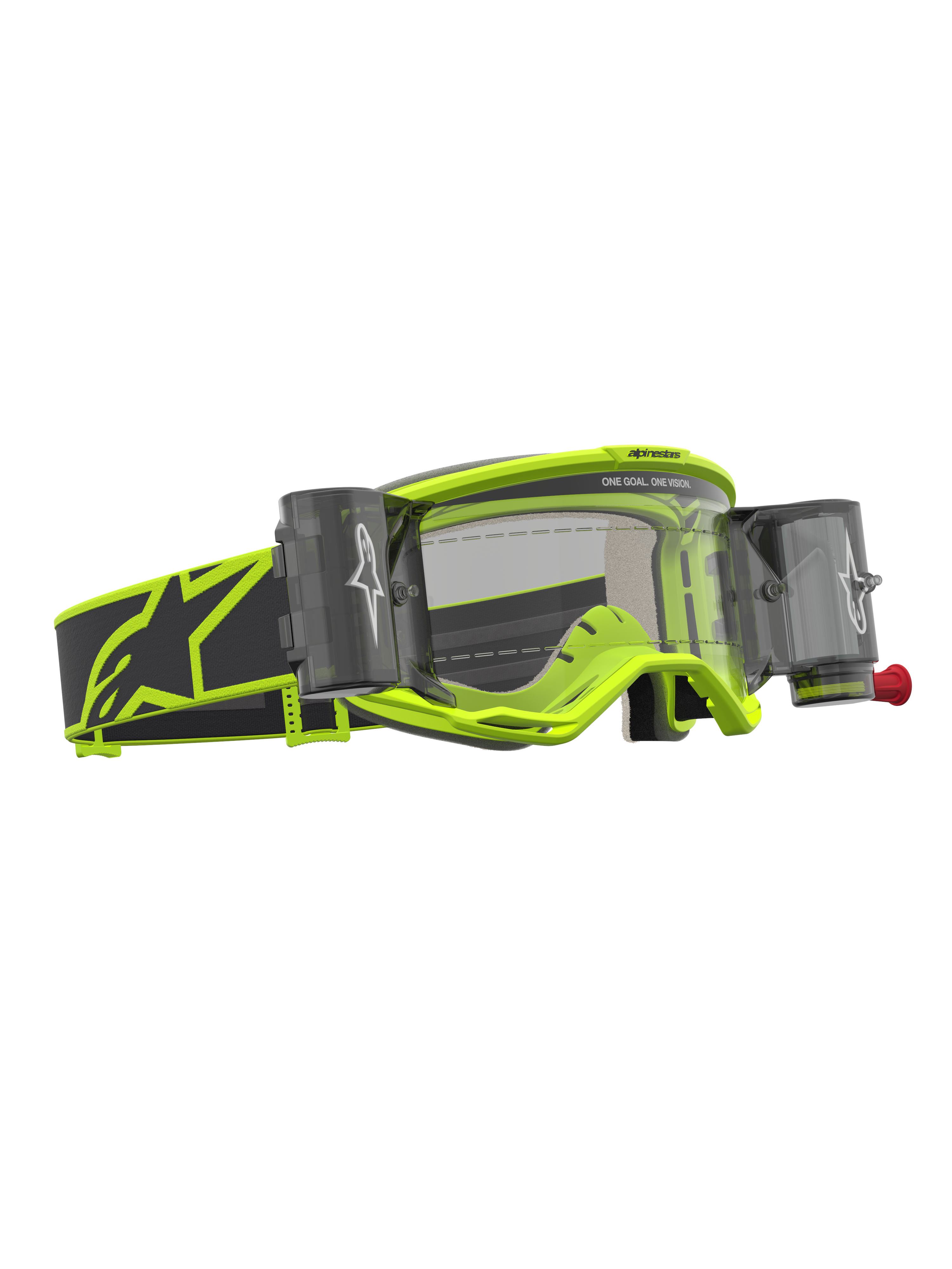 Óculos Alpinestars Vision 5 Rora Roll Off, amarelos fluo e pretos, com sistema roll-off e lente transparente para motocross.