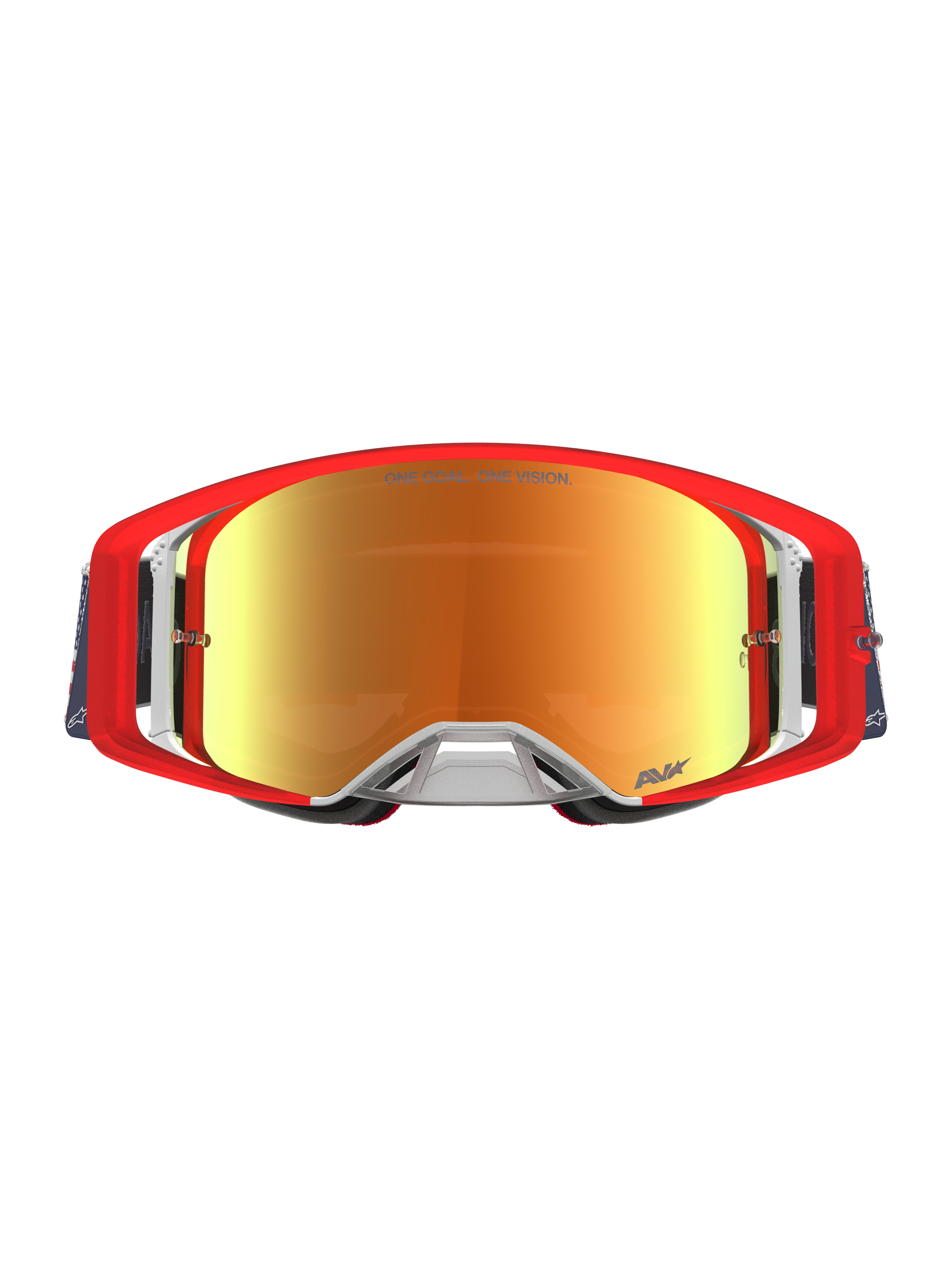 Alpinestars Supertech LE Fiftyfold, óculos de motocross, vermelhos e azuis com lentes espelhadas refletoras, estilo off-road.