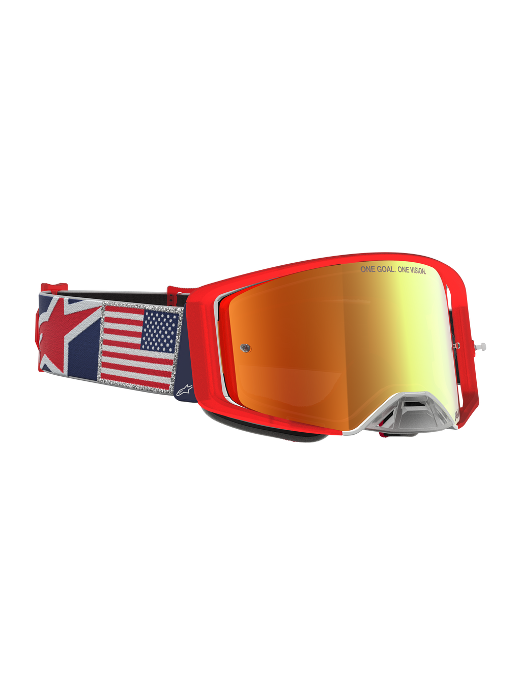 Alpinestars Supertech LE Fiftyfold, óculos de motocross vermelhos, lente espelhada e correia com bandeira dos EUA.
