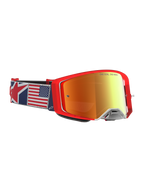 Alpinestars Supertech LE Fiftyfold, óculos de motocross vermelhos, lente espelhada e correia com bandeira dos EUA.