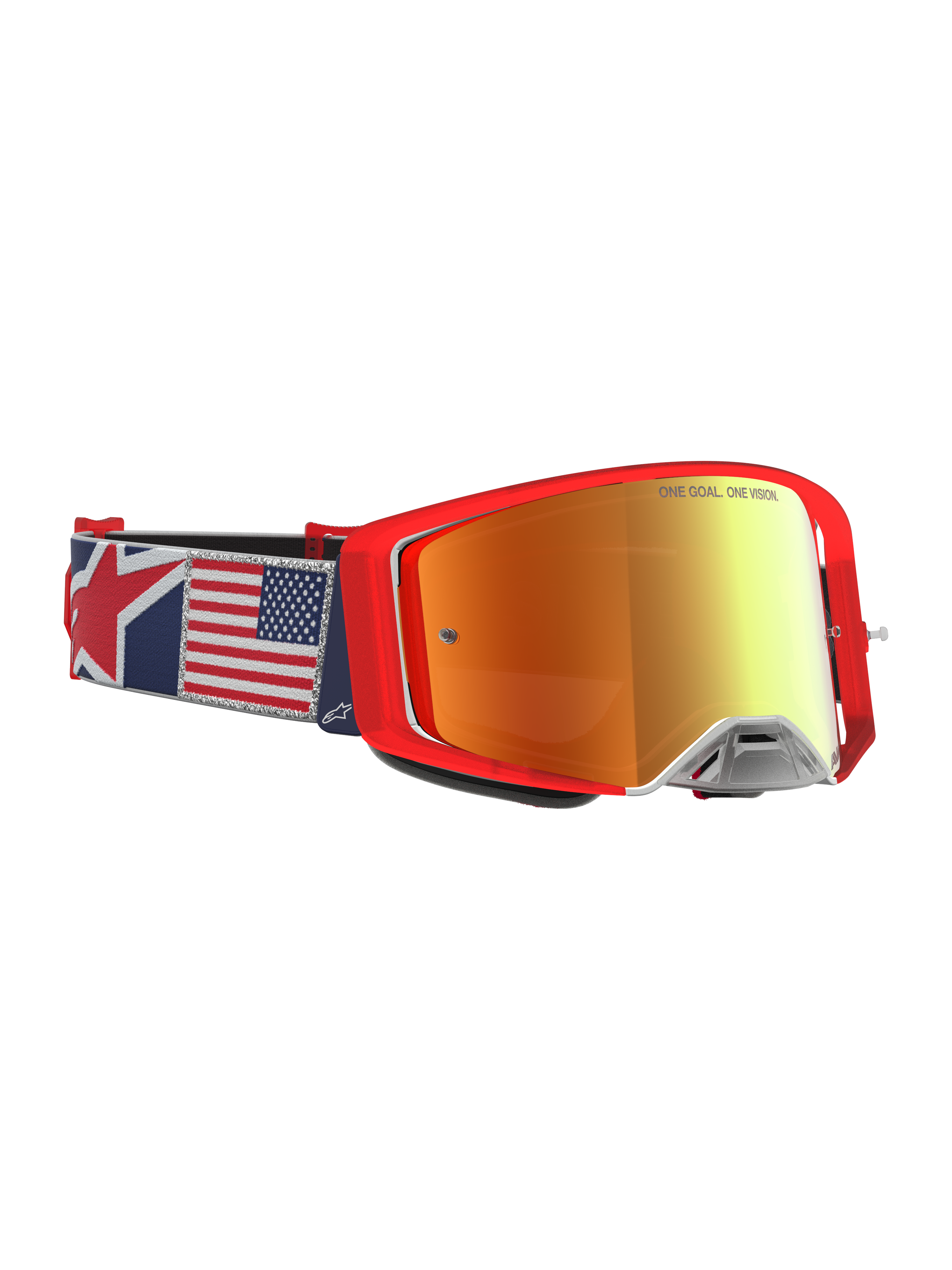 Alpinestars Supertech LE Fiftyfold, óculos de motocross vermelhos, lente espelhada e correia com bandeira dos EUA.