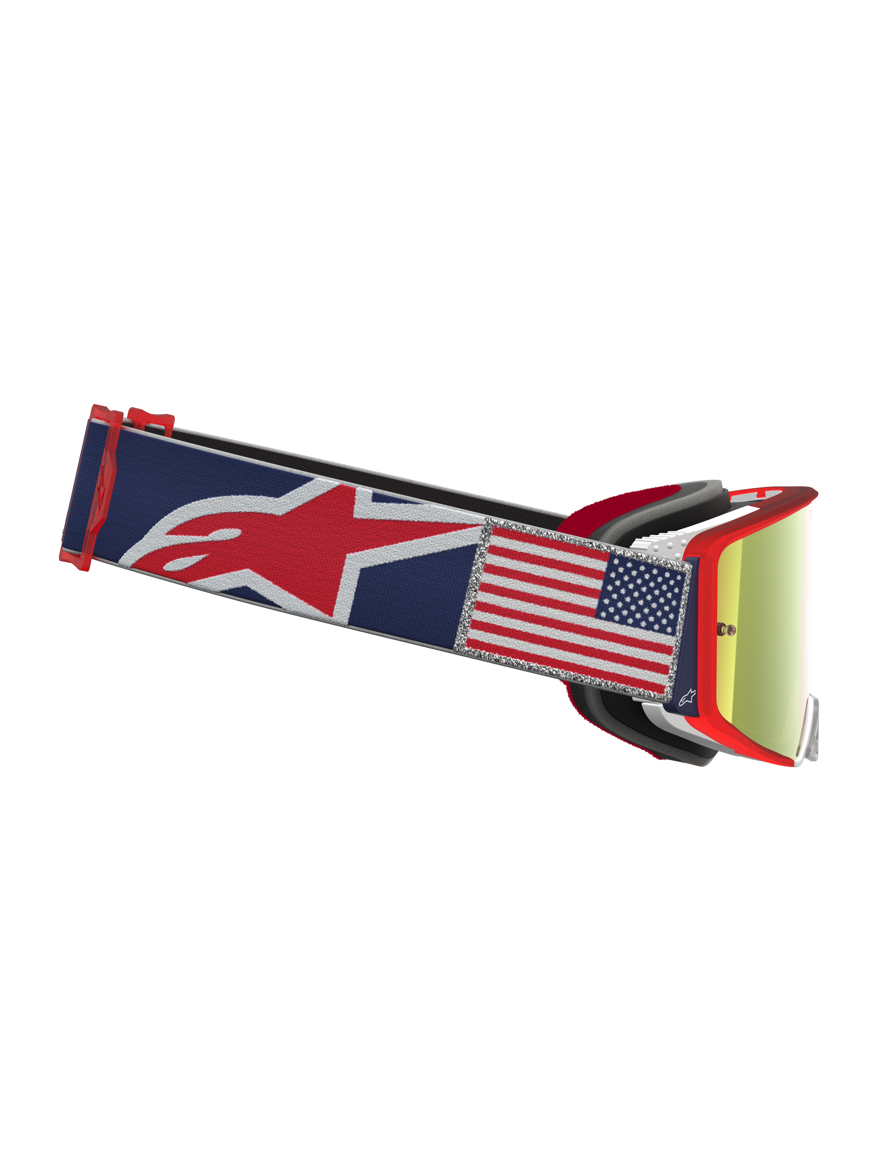 Alpinestars Supertech Fiftyfold, óculos de motocross azuis e vermelhos, lentes espelhadas vermelhas e patch da bandeira EUA.