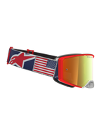 Alpinestars Supertech Fiftyfold Goggles, óculos de motocross para todo-o-terreno, azuis e vermelhos, fita com gráfico da bandeira americana e lentes espelhadas.
