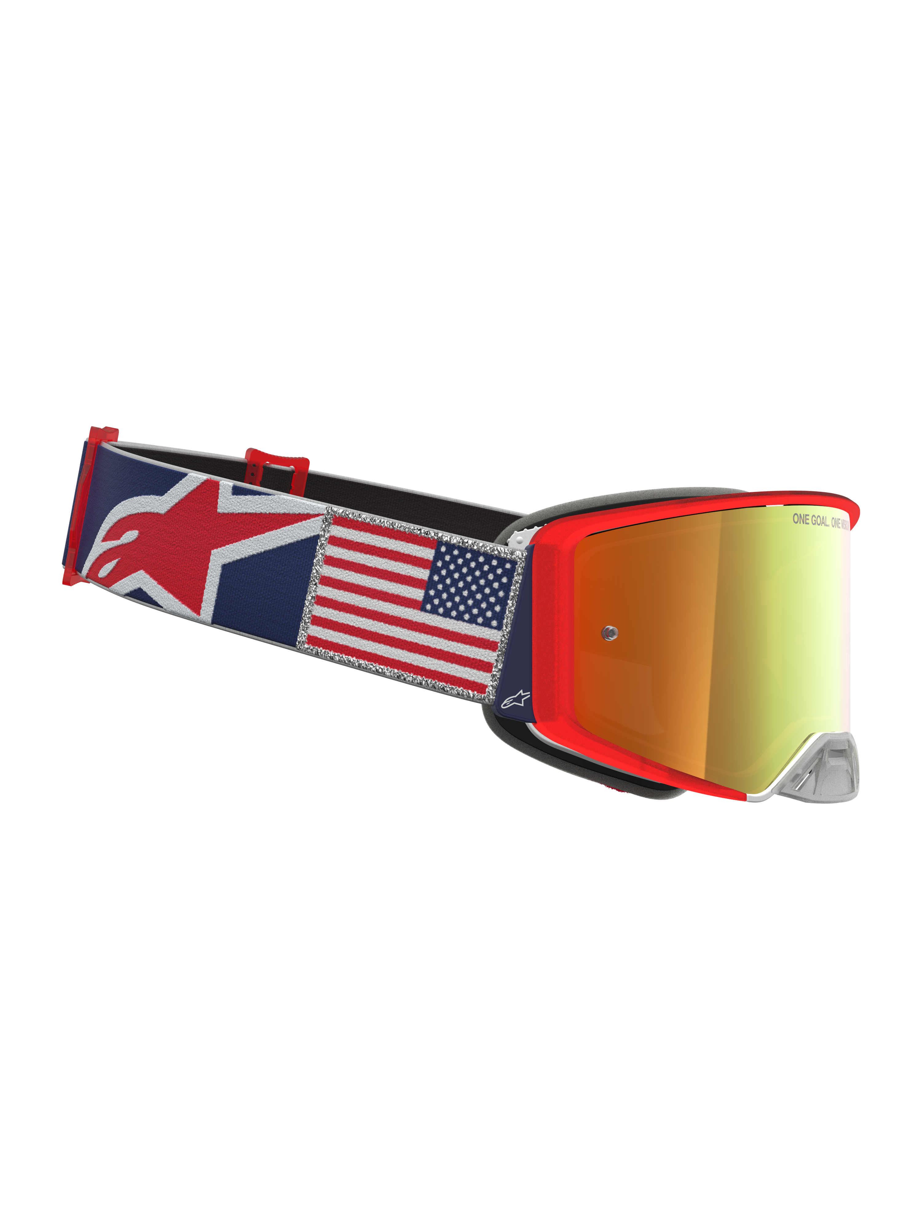 Alpinestars Supertech Fiftyfold Goggles, óculos de motocross para todo-o-terreno, azuis e vermelhos, fita com gráfico da bandeira americana e lentes espelhadas.