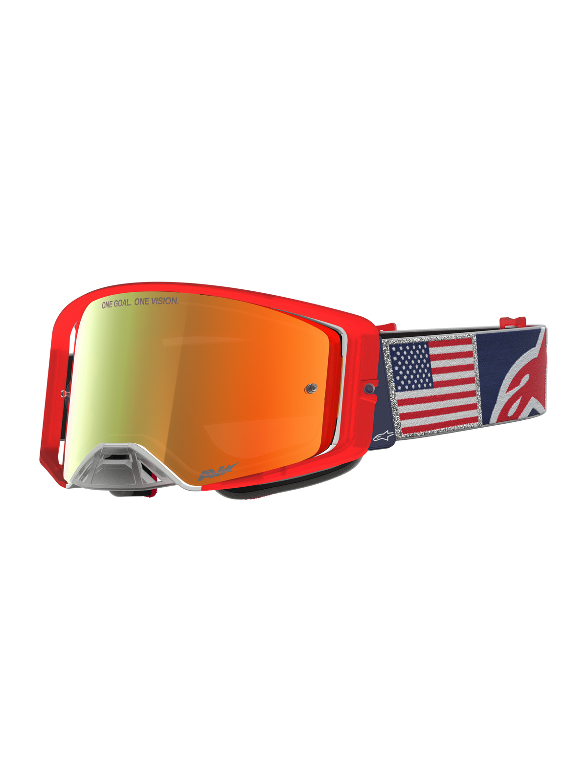 Alpinestars Supertech Fiftyfold Goggles, óculos MX vermelhos e azuis com lente espelhada e correia com bandeira dos EUA.