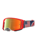 Alpinestars Supertech Fiftyfold Goggles, óculos MX vermelhos e azuis com lente espelhada e correia com bandeira dos EUA.