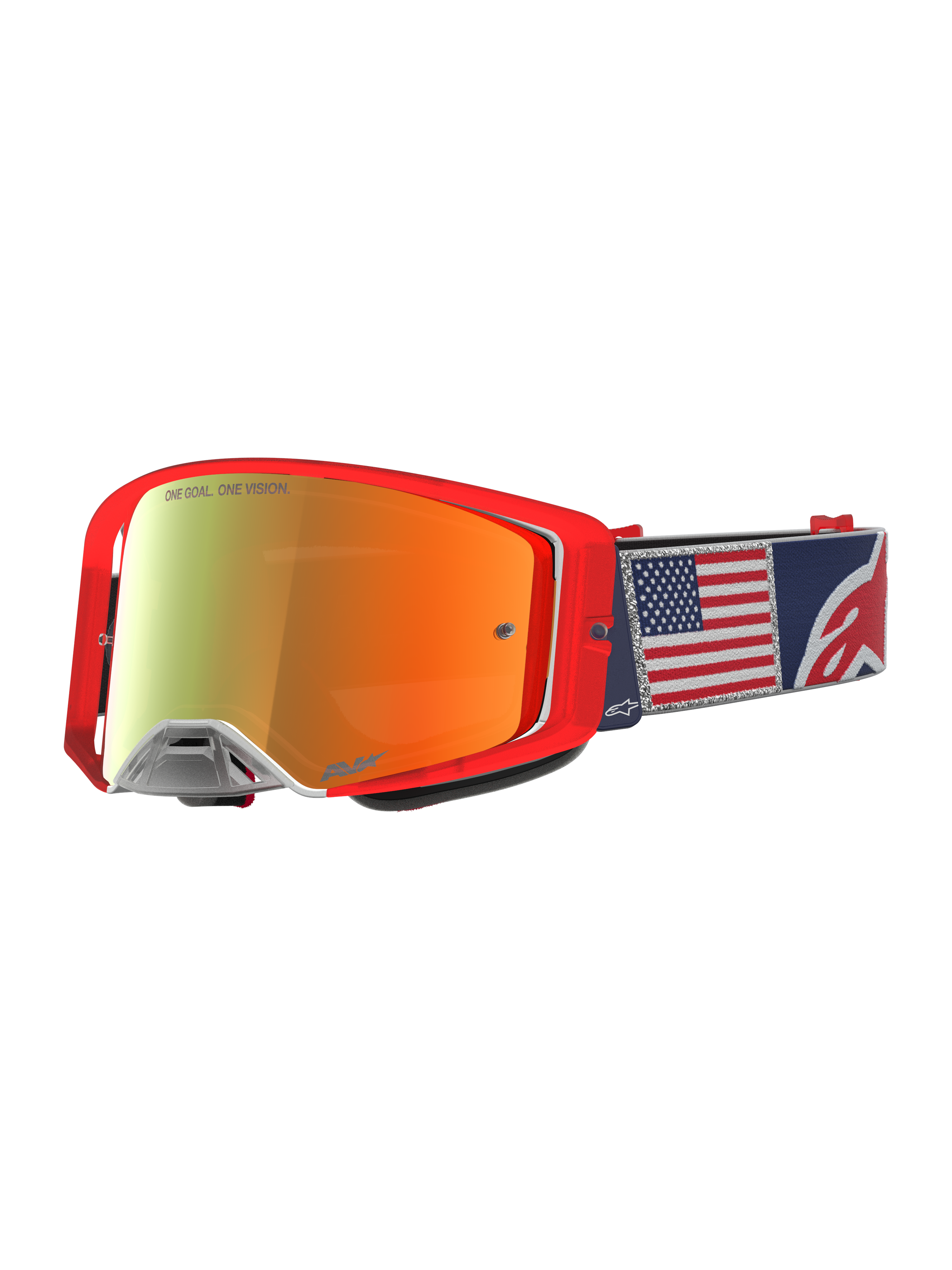 Alpinestars Supertech Fiftyfold Goggles, óculos MX vermelhos e azuis com lente espelhada e correia com bandeira dos EUA.