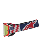 Alpinestars Supertech LE Fiftyfold, óculos de motocross, armação vermelha e fita azul com bandeira dos EUA, lentes espelhadas