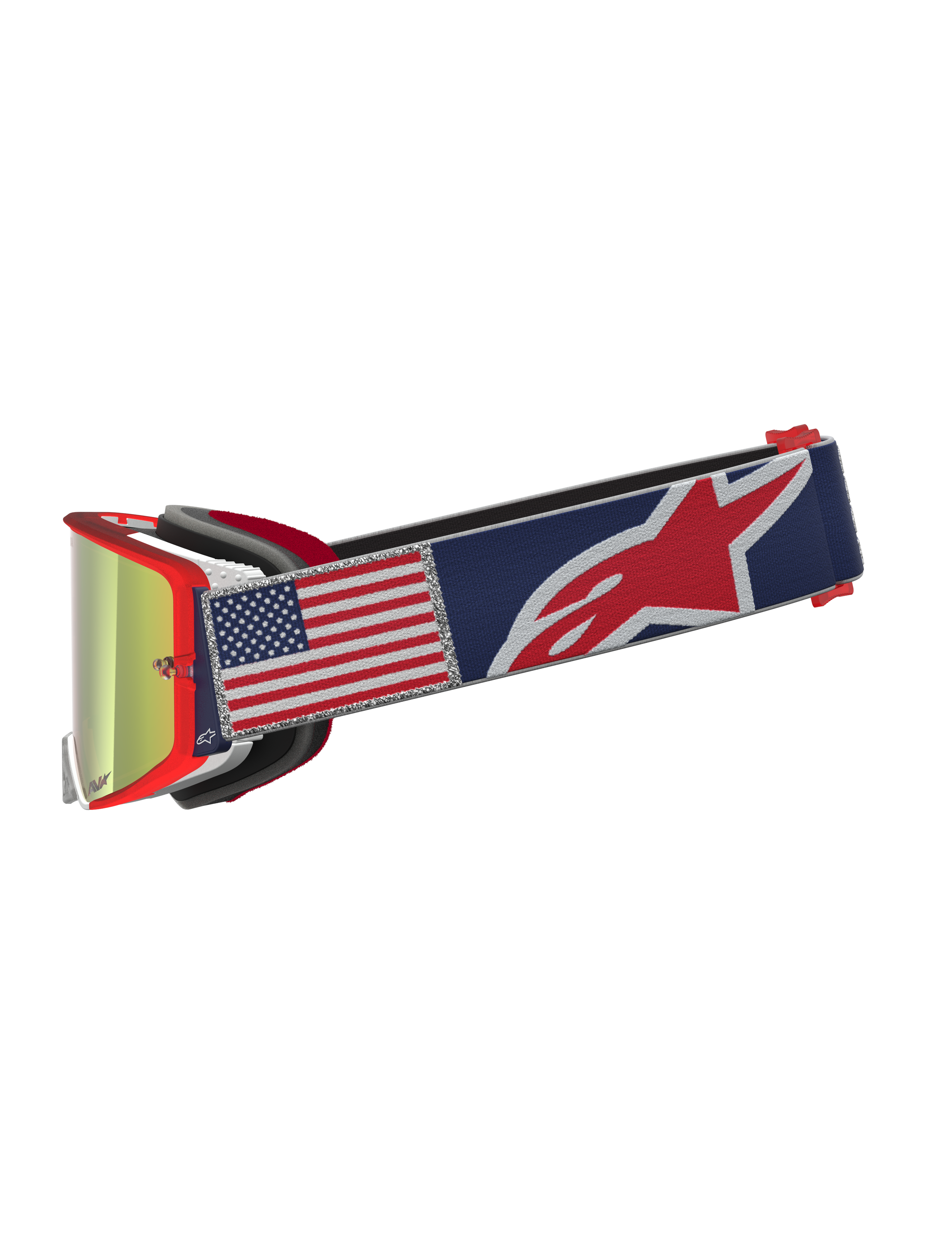 Alpinestars Supertech LE Fiftyfold, óculos de motocross, armação vermelha e fita azul com bandeira dos EUA, lentes espelhadas