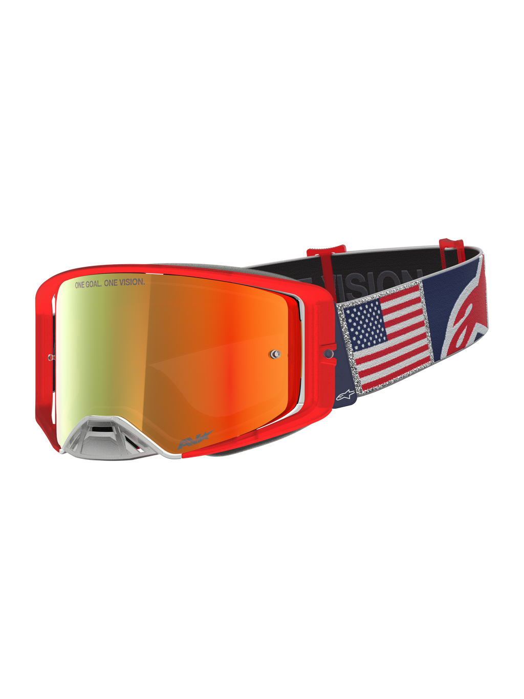 Alpinestars Supertech LE Fiftyfold, óculos de motocross, vermelhos e azuis, lente espelhada e correia com bandeira americana.