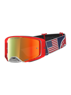 Alpinestars Supertech LE Fiftyfold, óculos de motocross, vermelhos e azuis, lente espelhada e correia com bandeira americana.