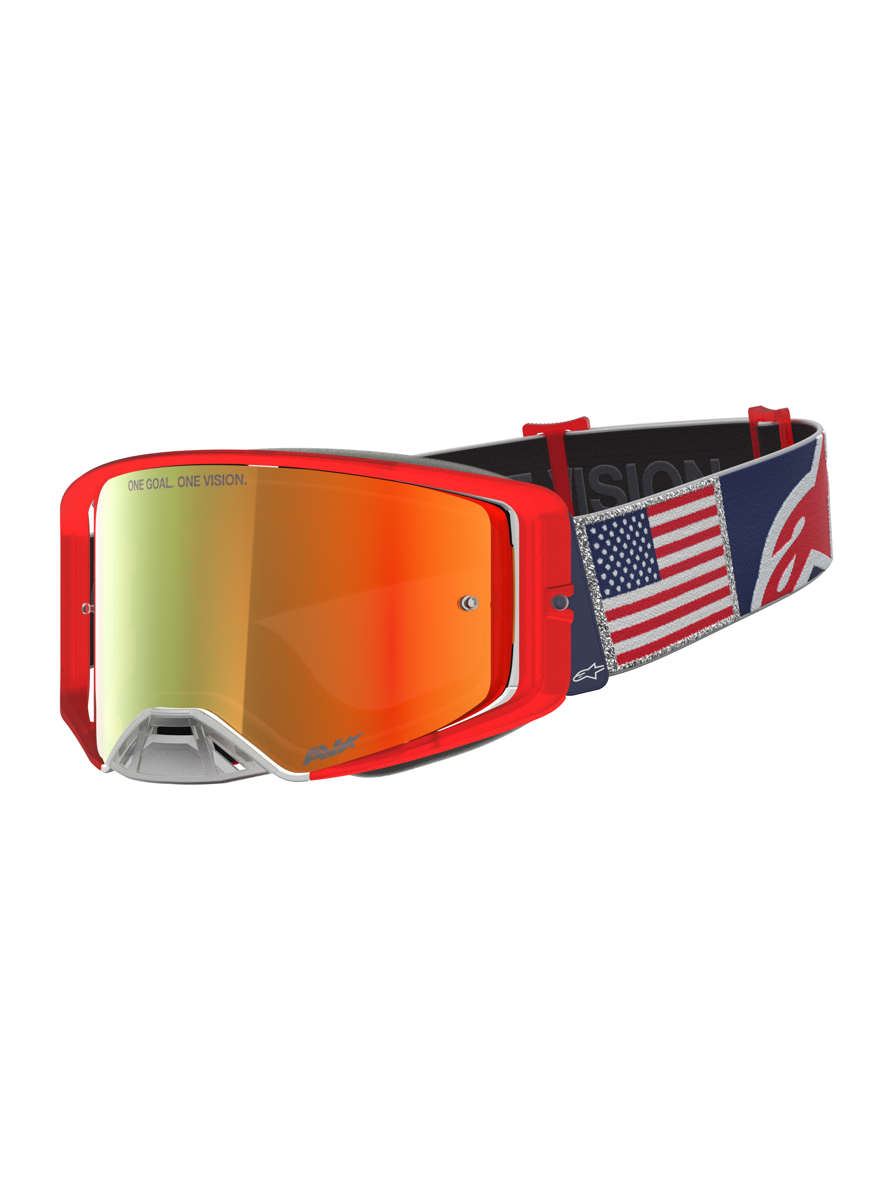 Alpinestars Supertech LE Fiftyfold, óculos de motocross, vermelhos e azuis, lente espelhada e correia com bandeira americana.