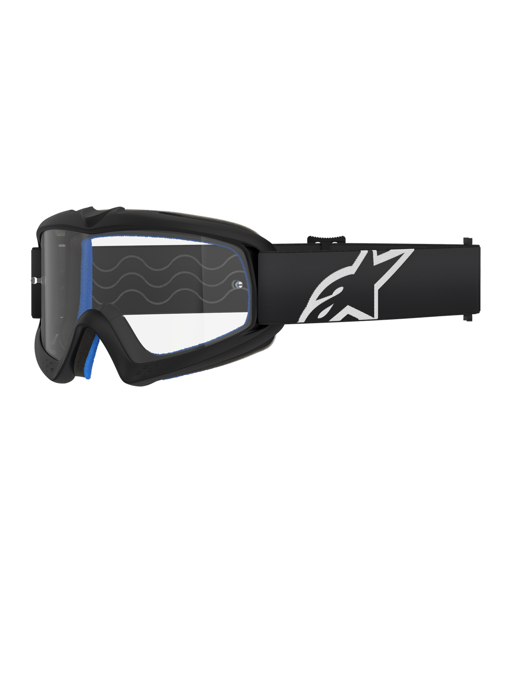 Alpinestars Vision Youth Corp Goggles, óculos de motocross para jovens, pretos com almofadamento azul, lente transparente com padrão de linhas onduladas, correia preta com logótipo de estrela branco, design moderno e aerodinâmico