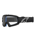 Alpinestars Vision Youth Corp Goggles, óculos de motocross para jovens, pretos com almofadamento azul, lente transparente com padrão de linhas onduladas, correia preta com logótipo de estrela branco, design moderno e aerodinâmico