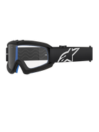 Alpinestars Vision Youth Corp Goggles, óculos de motocross para jovens, pretos com almofadamento azul, lente transparente com padrão de linhas onduladas, correia preta com logótipo de estrela branco, design moderno e aerodinâmico