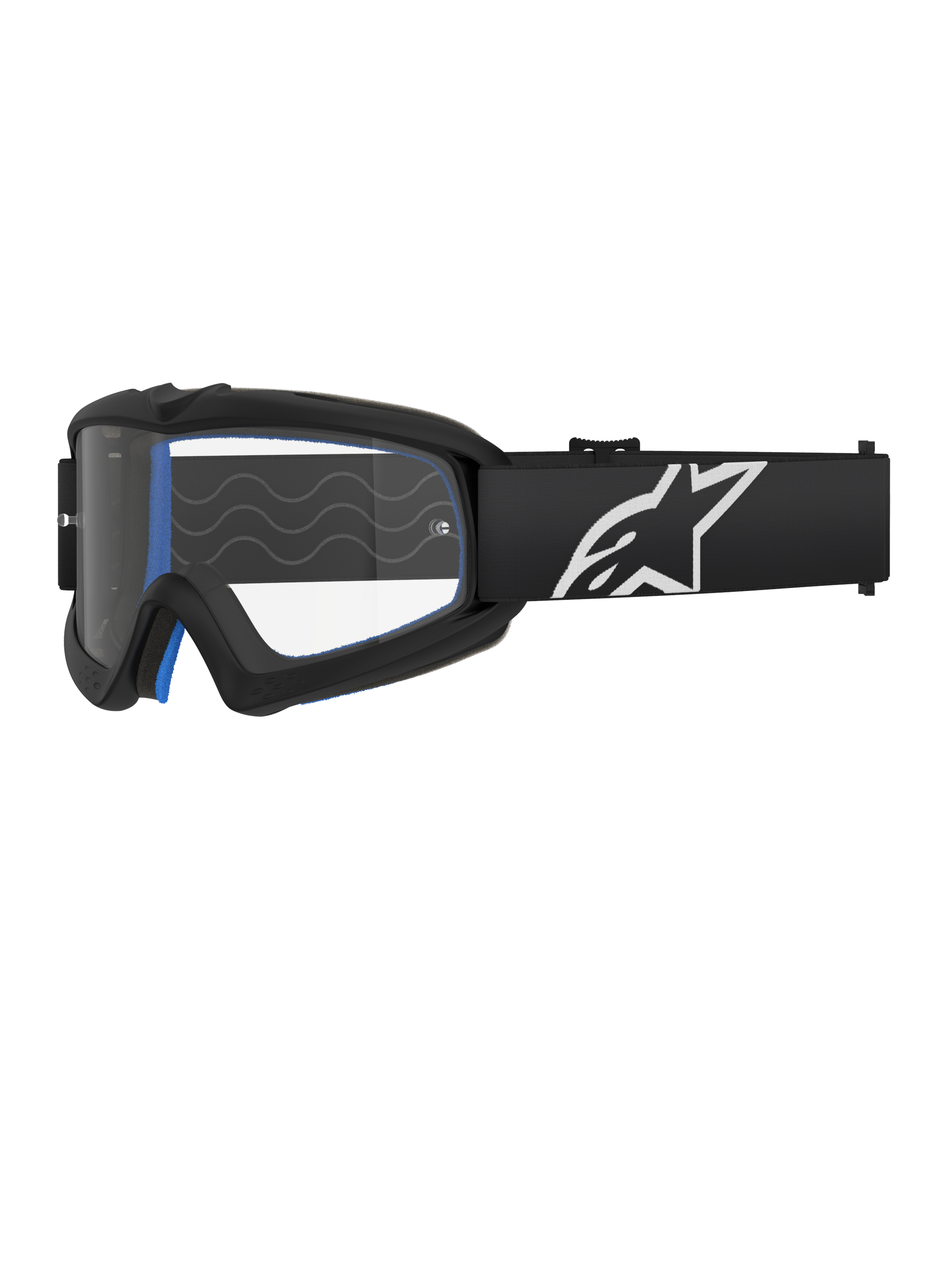 Alpinestars Vision Youth Corp Goggles, óculos de motocross para jovens, pretos com almofadamento azul, lente transparente com padrão de linhas onduladas, correia preta com logótipo de estrela branco, design moderno e aerodinâmico