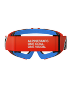 Alpinestars Vision Youth Corp Goggles, óculos de motocross, cor de laranja com lente transparente, vista traseira com correia laranja e slogan da Alpinestars em branco, espuma facial interior azul e lente de policarbonato transparente