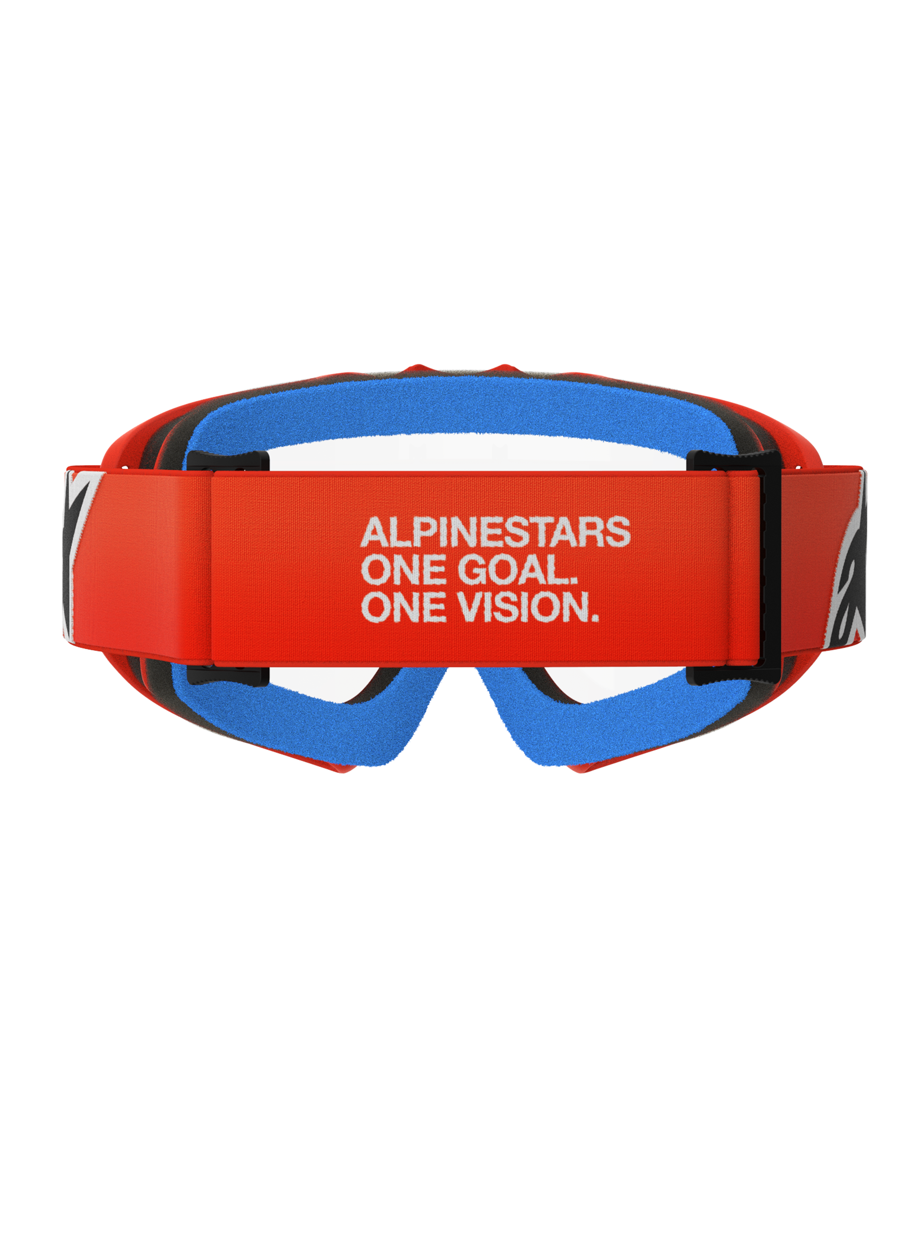 Alpinestars Vision Youth Corp Goggles, óculos de motocross, cor de laranja com lente transparente, vista traseira com correia laranja e slogan da Alpinestars em branco, espuma facial interior azul e lente de policarbonato transparente