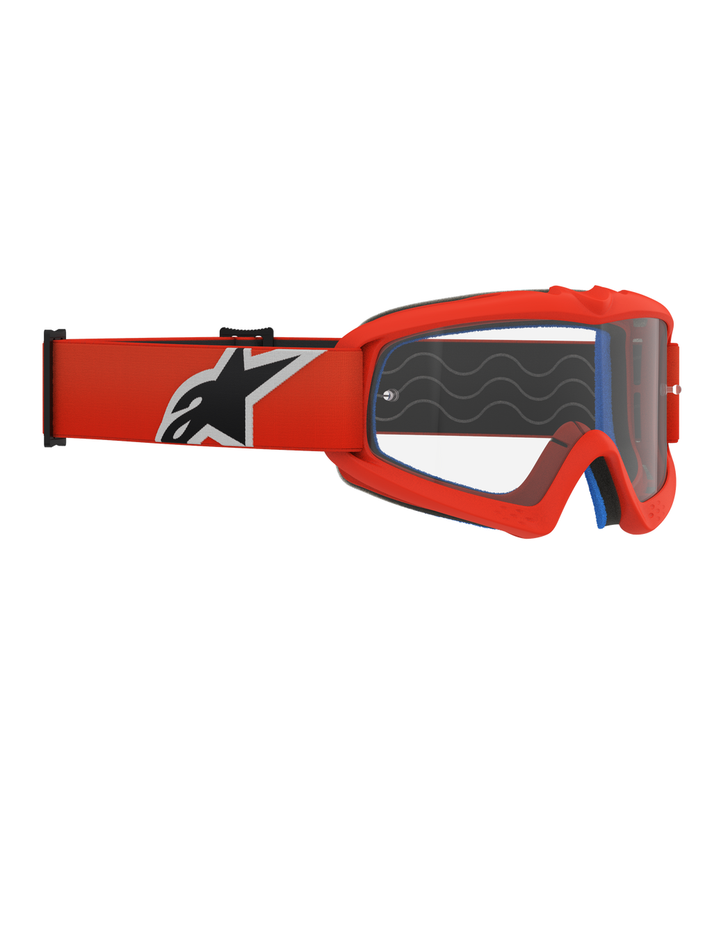 Óculos Alpinestars Vision Youth Corp, óculos de motocross para jovens, armação laranja e lente transparente, correia laranja com logótipo Alpinestars em preto e branco, espuma facial azul visível, ondas de silicone aderentes, lente de policarbonato anti-embaciamento para corridas todo-o-terreno