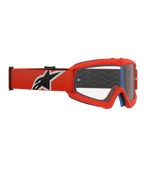 Óculos Alpinestars Vision Youth Corp, óculos de motocross para jovens, armação laranja e lente transparente, correia laranja com logótipo Alpinestars em preto e branco, espuma facial azul visível, ondas de silicone aderentes, lente de policarbonato anti-embaciamento para corridas todo-o-terreno