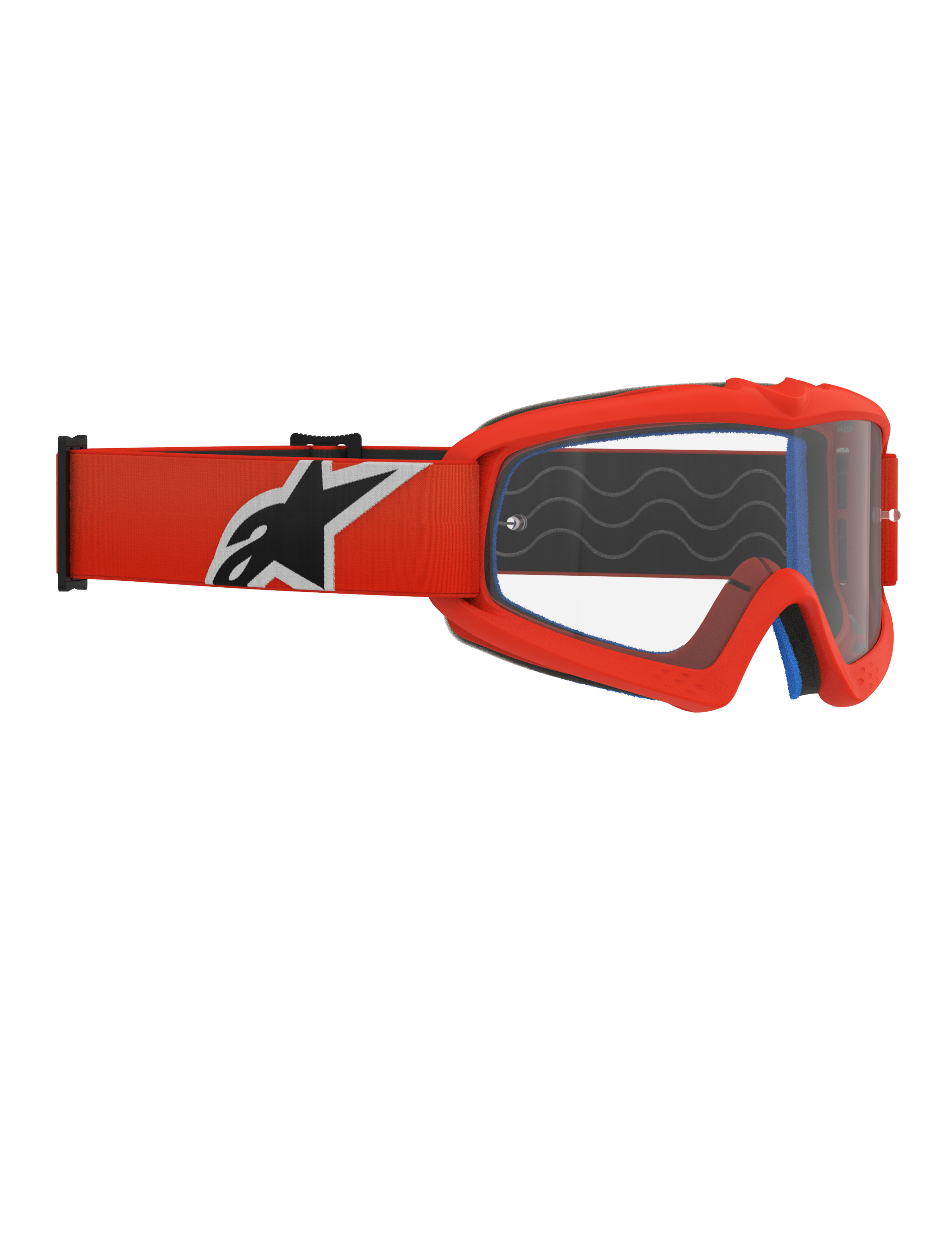 Óculos Alpinestars Vision Youth Corp, óculos de motocross para jovens, armação laranja e lente transparente, correia laranja com logótipo Alpinestars em preto e branco, espuma facial azul visível, ondas de silicone aderentes, lente de policarbonato anti-embaciamento para corridas todo-o-terreno