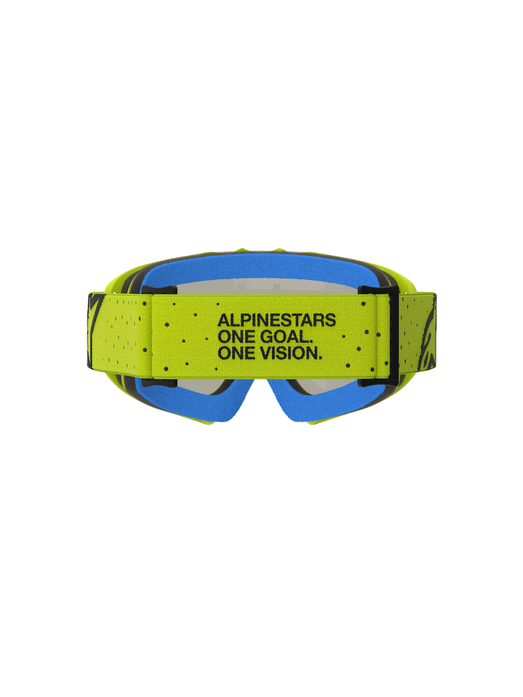Óculos de motocross Alpinestars Vision Vesta Jovem, amarelos e azuis, com o lema One Goal. One Vision. na tira e espuma azul.