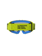 Óculos de motocross Alpinestars Vision Vesta Jovem, amarelos e azuis, com o lema One Goal. One Vision. na tira e espuma azul.