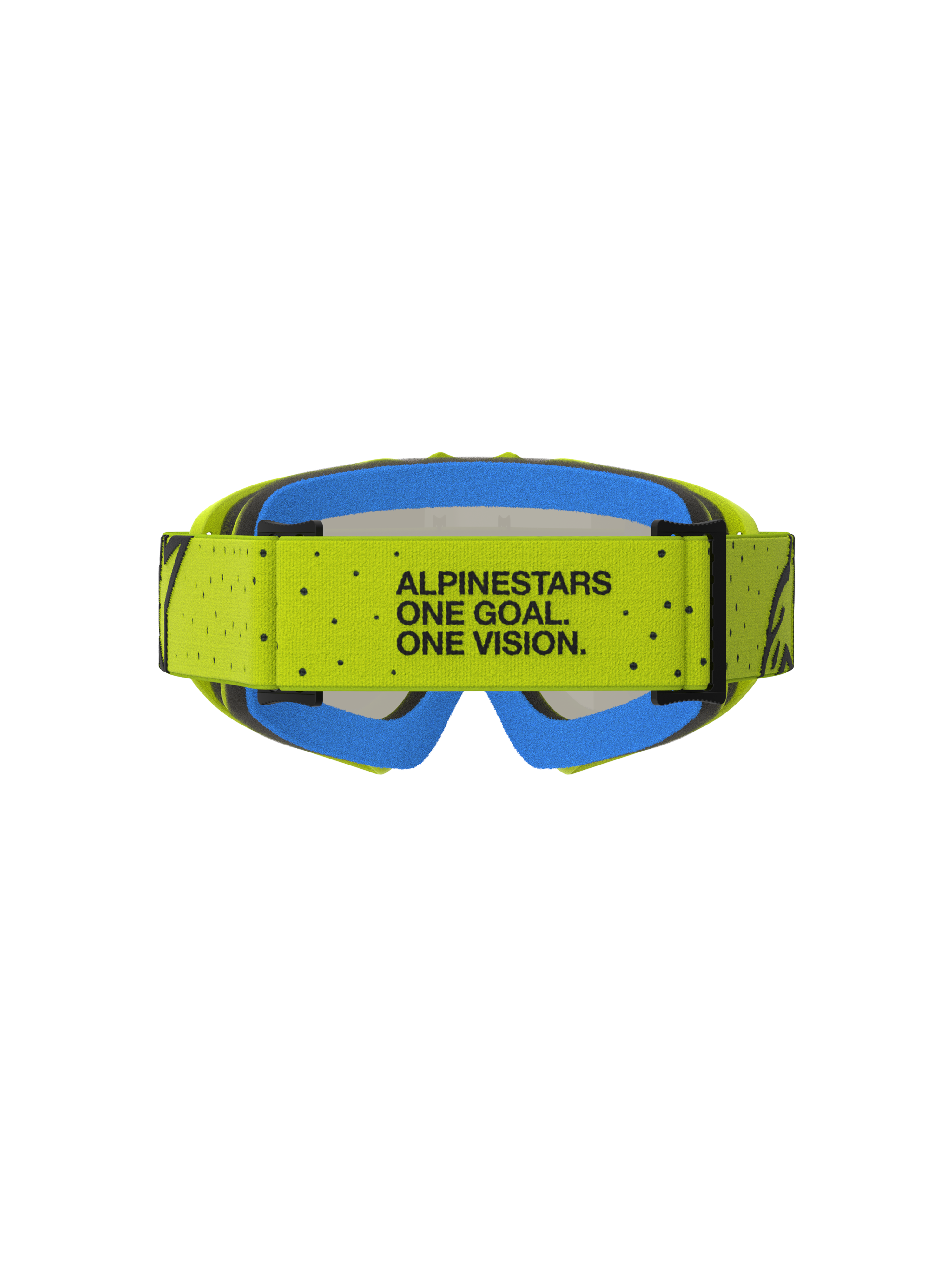 Óculos de motocross Alpinestars Vision Vesta Jovem, amarelos e azuis, com o lema One Goal. One Vision. na tira e espuma azul.