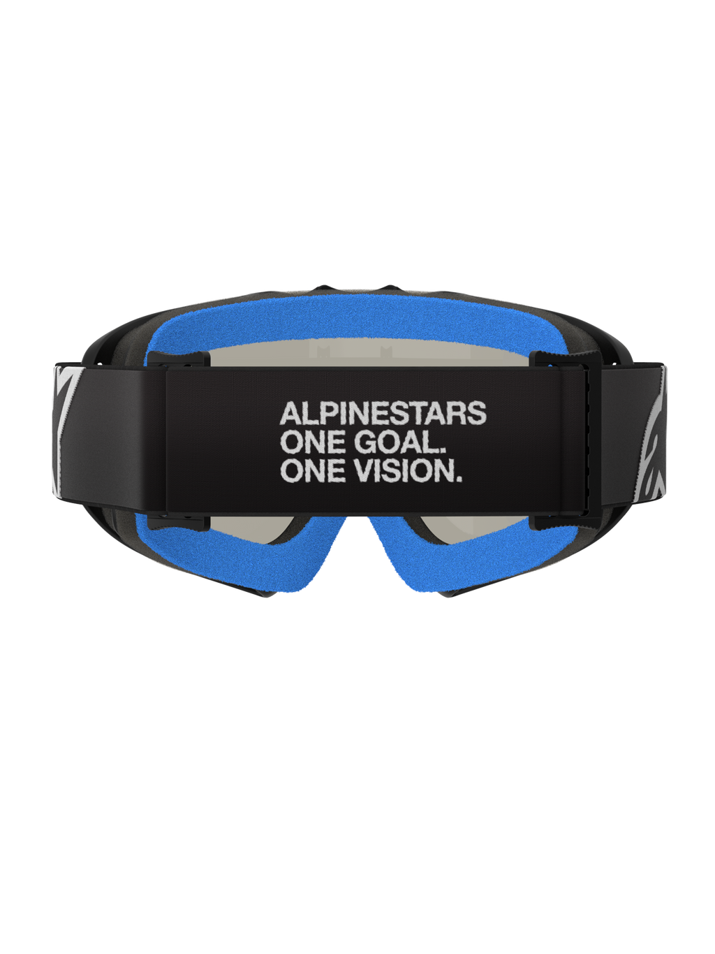 Óculos Alpinestars Vision Youth Corp, Preto Prata Espelhado, óculos de motocross, vista traseira com correia preta com o texto branco 'ALPINESTARS ONE GOAL. ONE VISION.', espuma facial macia em azul brilhante e armação A-FLEX preta.