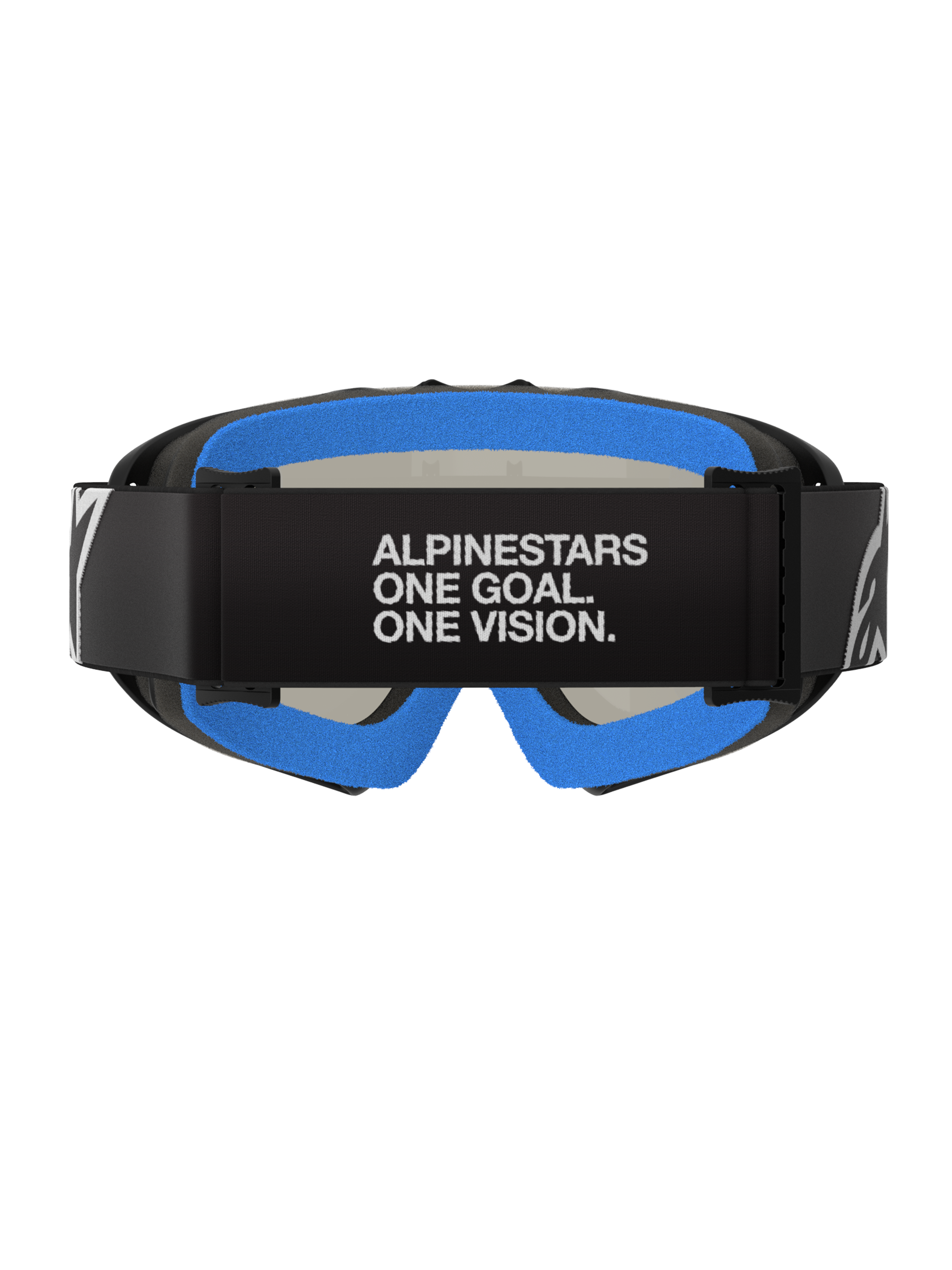 Óculos Alpinestars Vision Youth Corp, Preto Prata Espelhado, óculos de motocross, vista traseira com correia preta com o texto branco 'ALPINESTARS ONE GOAL. ONE VISION.', espuma facial macia em azul brilhante e armação A-FLEX preta.