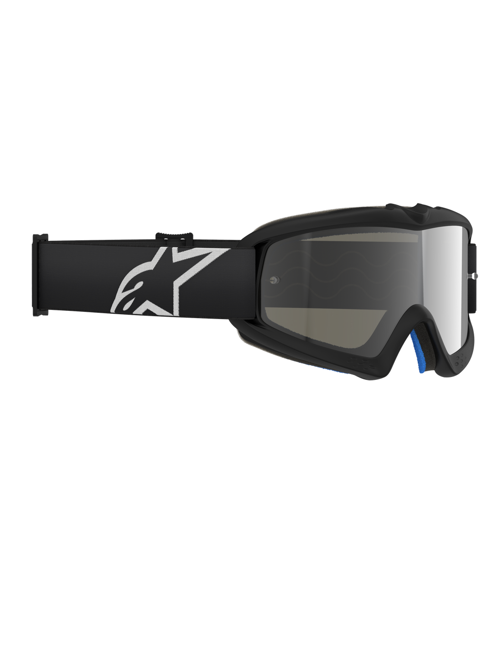 Óculos Alpinestars Vision Youth Corp, óculos de motocross, pretos e prateado espelhado, com lente de policarbonato espelhada e correia preta com logótipo Alpinestars branco, concebidos para jovens pilotos