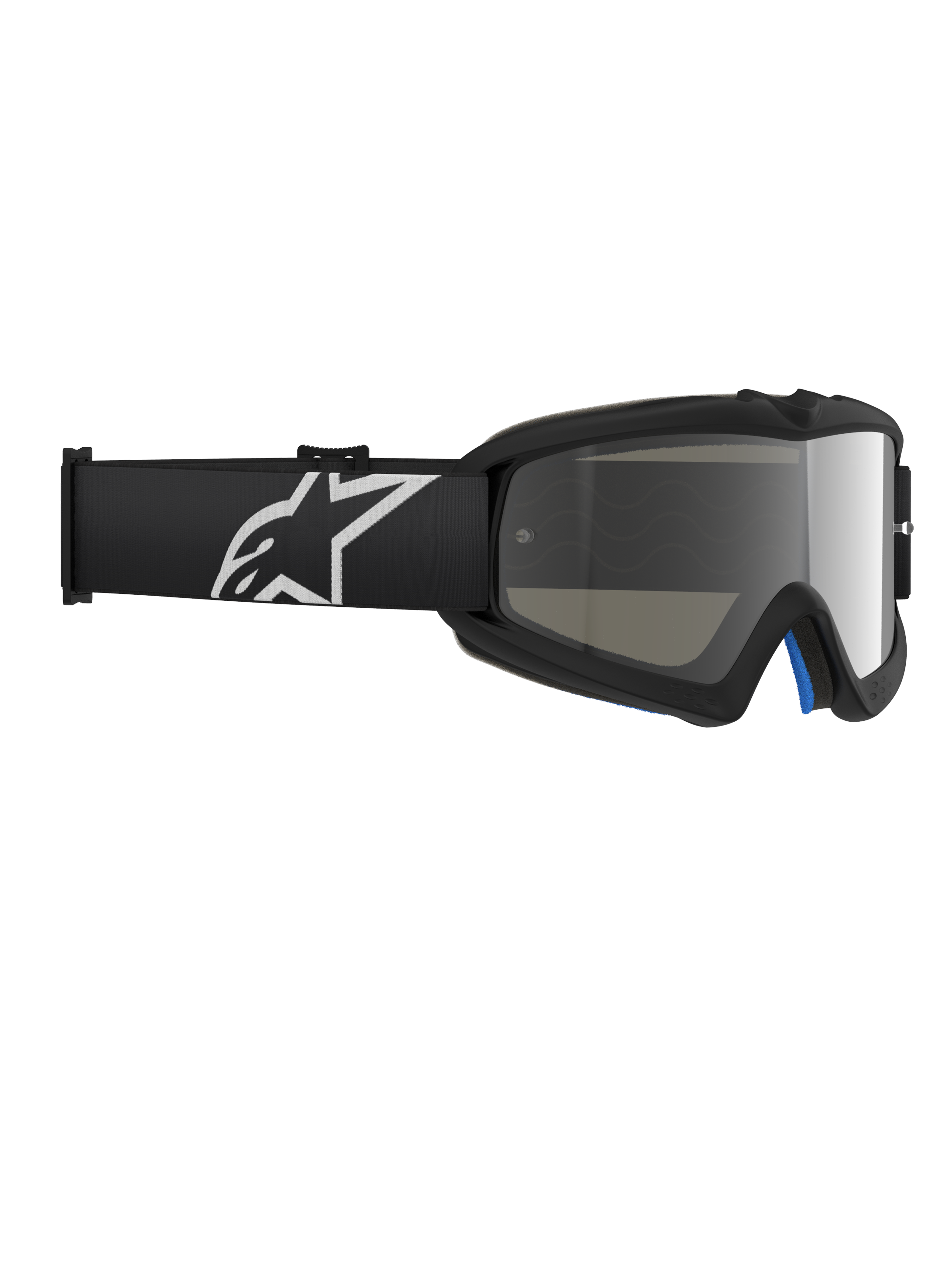 Óculos Alpinestars Vision Youth Corp, óculos de motocross, pretos e prateado espelhado, com lente de policarbonato espelhada e correia preta com logótipo Alpinestars branco, concebidos para jovens pilotos
