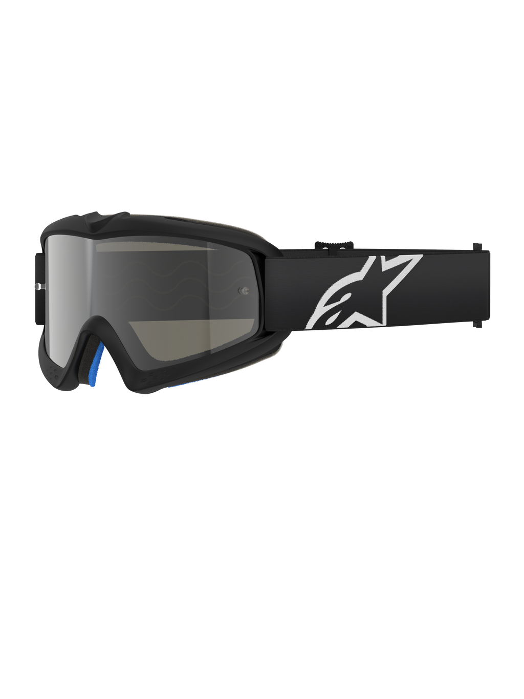 Alpinestars Vision Youth Corp Goggles, óculos de motocross pretos com lente espelhada prateada, tamanho júnior, correia ajustável preta com logótipo de estrela branco, forro de espuma interior azul, concebidos para corridas de motociclismo fora de estrada